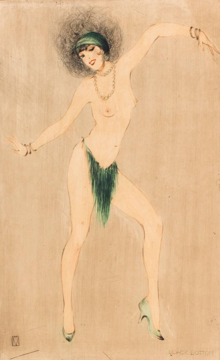Vala Moro (1907), Vienna
Art Deco dancing nude “Black Bottom”, circa 1924
Original colored etching, pencil-signed lower right “Vala Moro” and monogrammed in etching, titled “BLACK BOTTOM”

Vala Moro was an Austrian-Hungarian dancer and artist.