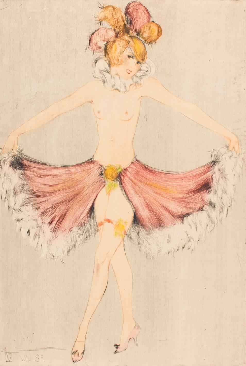 Vala Moro (1907), Vienna 
Art Deco dancing nude “Valse”, circa 1924 
Original colored etching, pencil-signed lower right “Vala Moro” and monogrammed in etching, titled “VALSE”

Vala Moro was an Austrian-Hungarian dancer and artist. She lived in