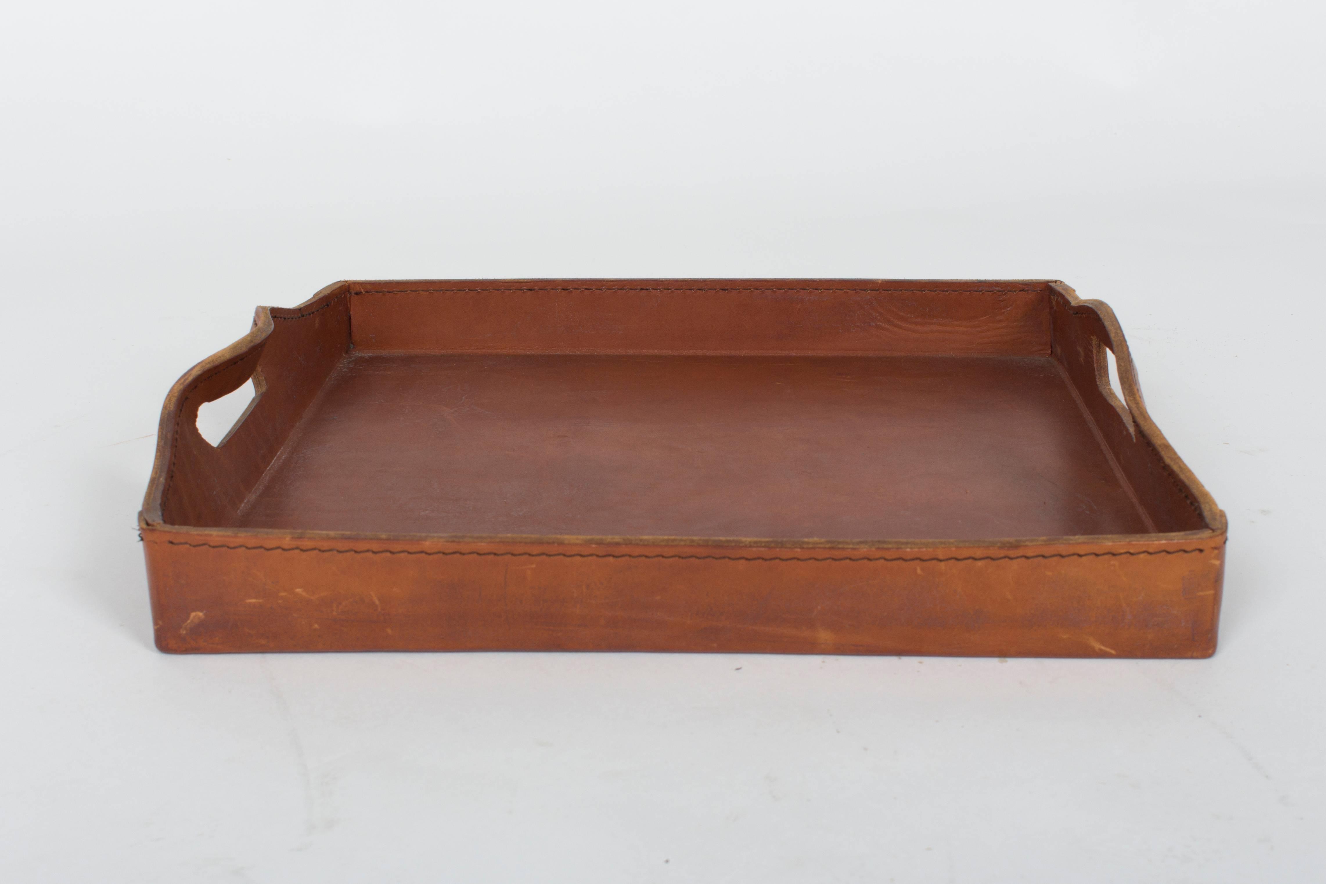 Austrian Rare Large and Thick Leather Serving Tray by the Auböck Workshop, Vienna, 1950s For Sale