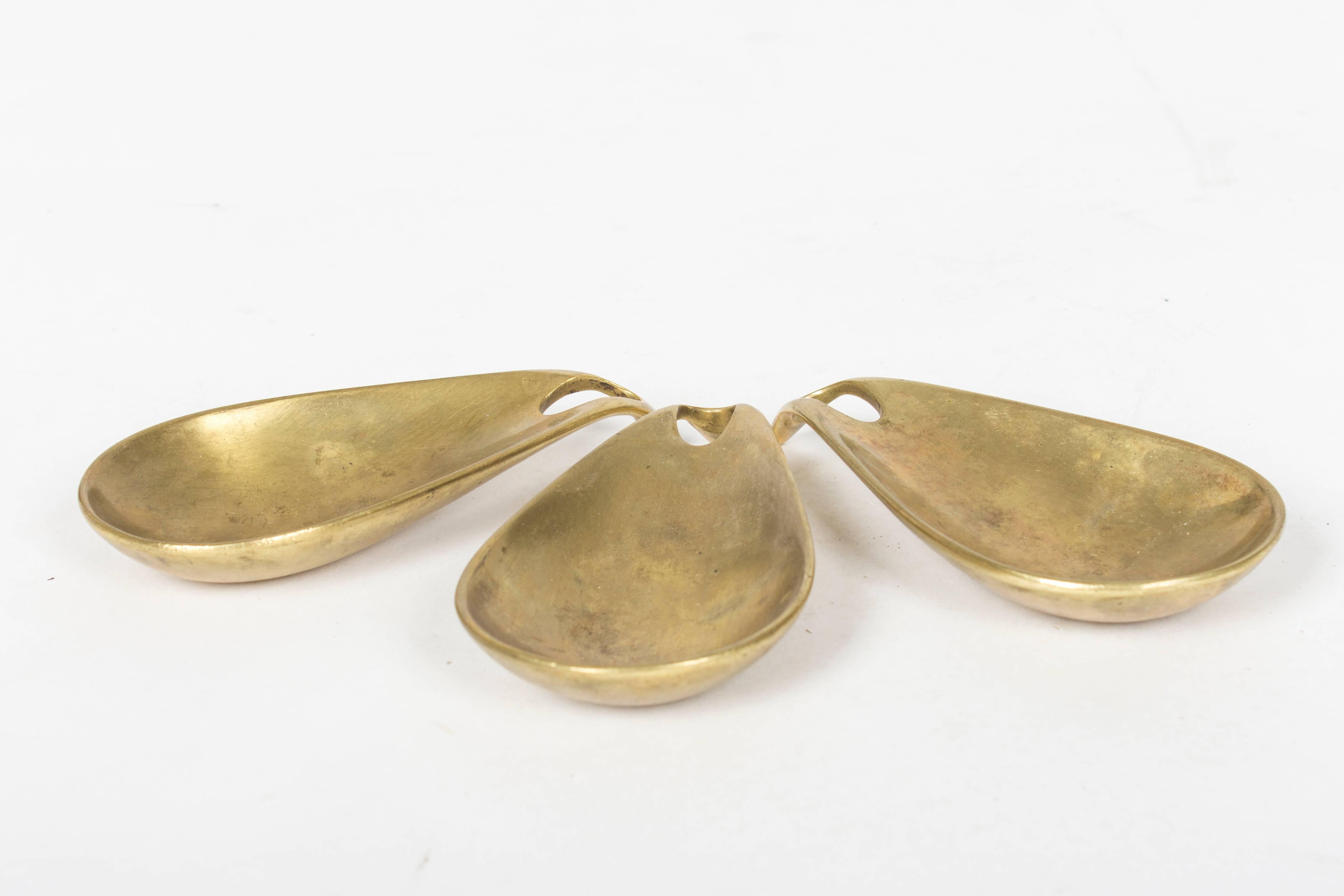 Austrian Set of Three Stackable Brass Ashtrays, Signed Auböck, Vienna, 1950s