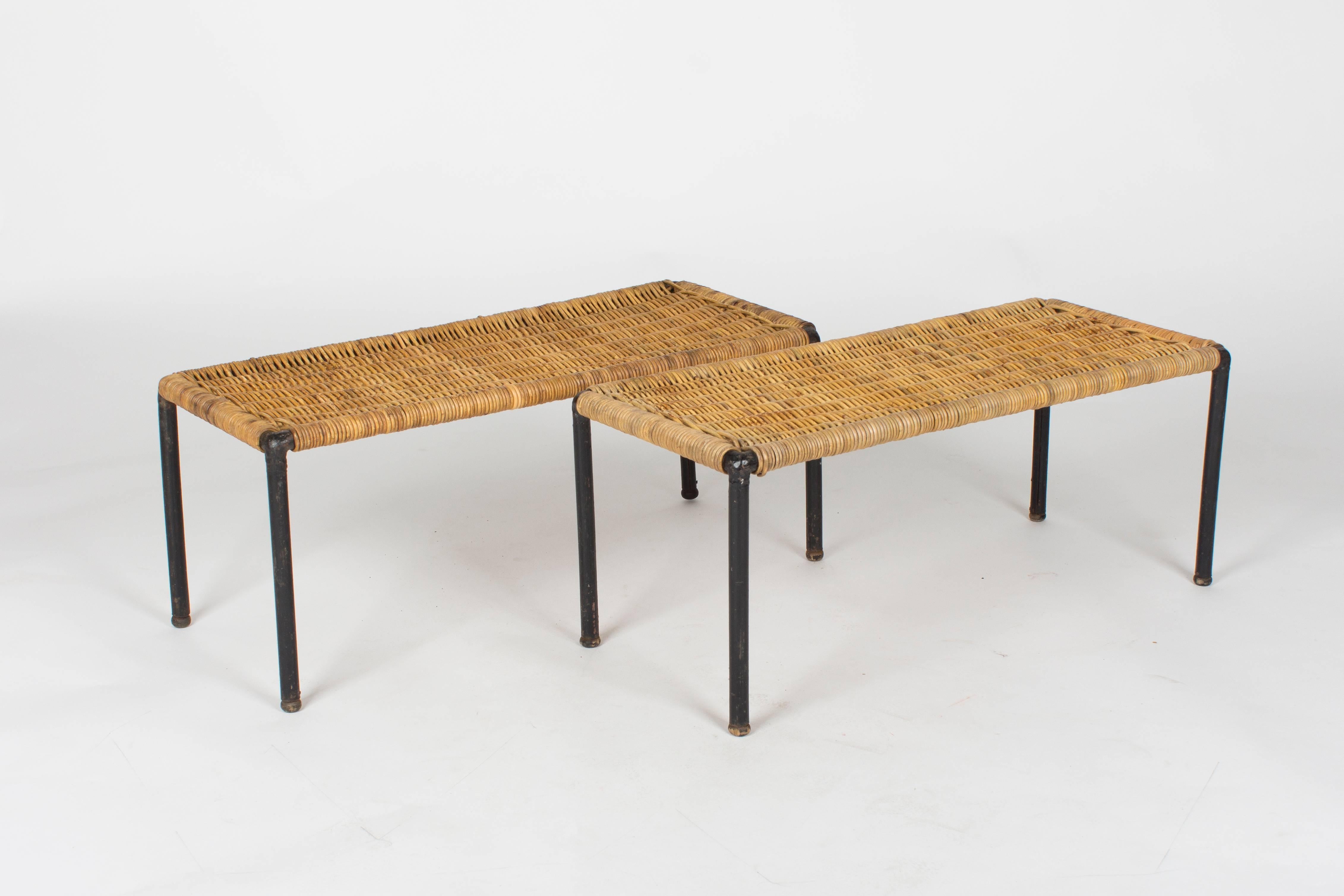 Austrian Rare Pair of Early Auböck Wicker Side Tables, Vienna, 1950s For Sale