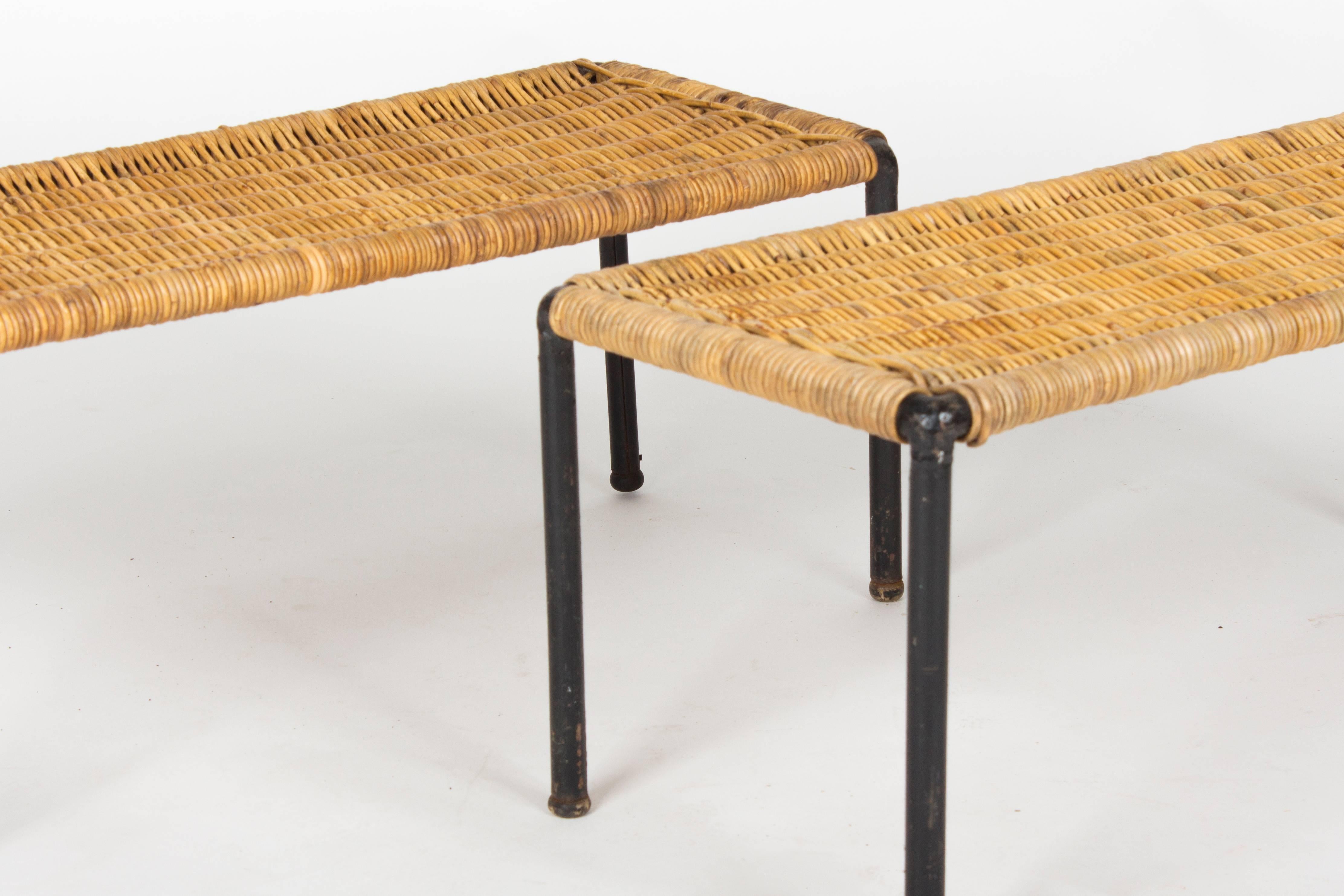an authentic and rare set of two side tables by the Auböck workshop. Most probably designed and manufactured in the 1950s by Carl Auböck II. and his Vienna based production.

Of particular interest to collectors is the authentic patina and details