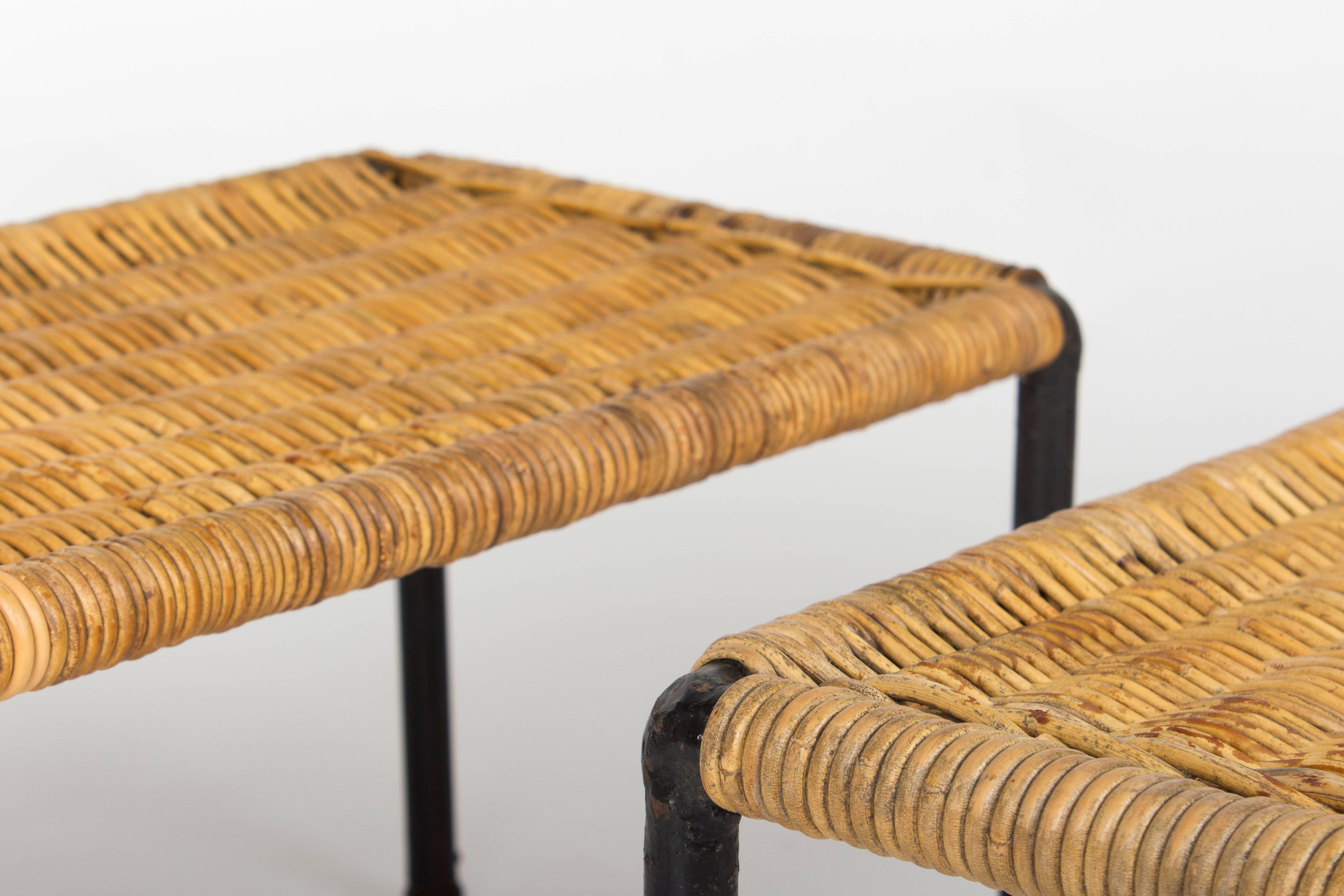 Cut Steel Rare Pair of Early Auböck Wicker Side Tables, Vienna, 1950s For Sale