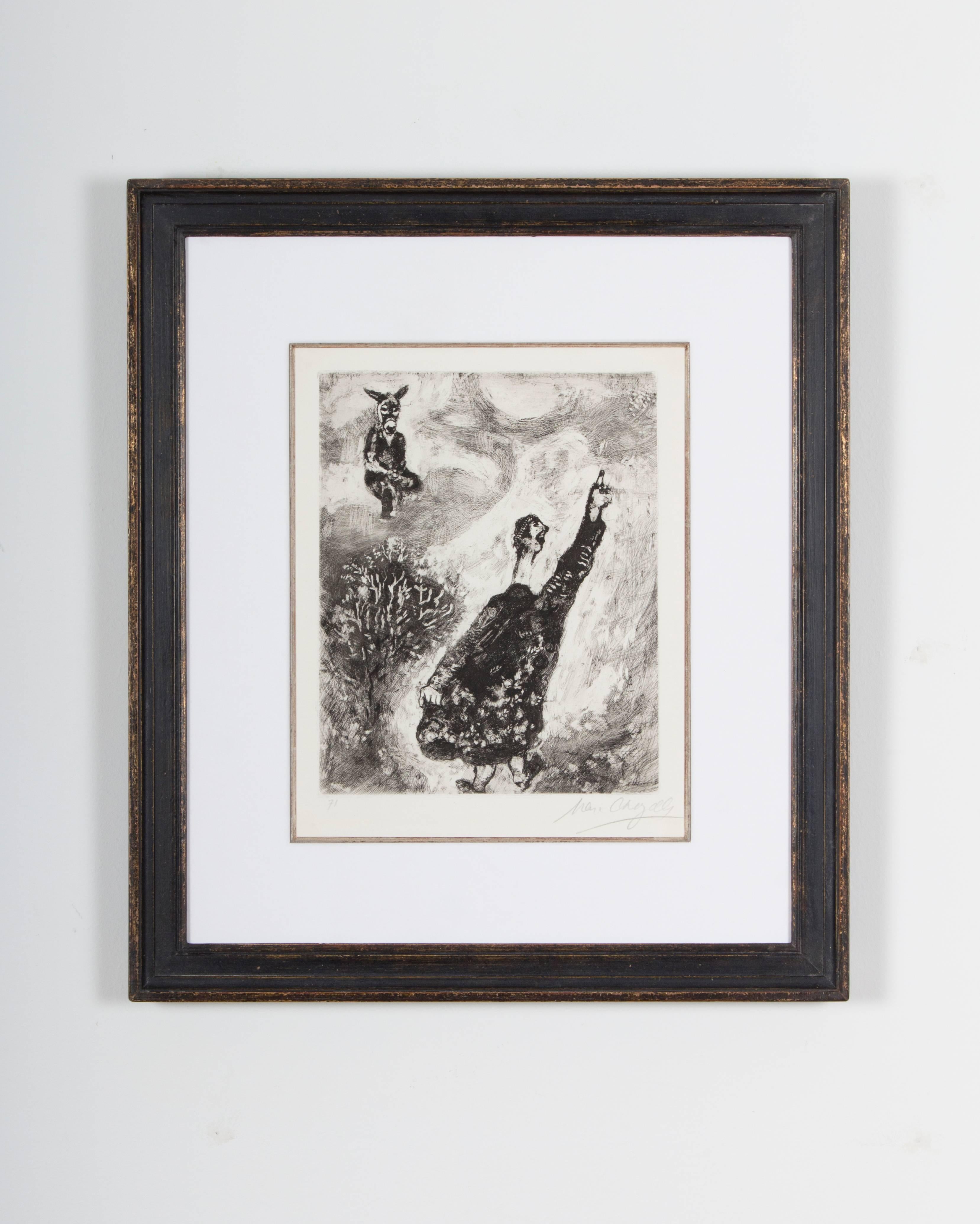 The illustration named 'Le Charlatan' was issued by Marc Chagall for Ambroise Vollard for the book 'Les Fables de la Fontaine'. Printed by Maurice Potin in Paris it is number 71 /100.
Hand signed in pencil 'Marc Chagall' and with the printed