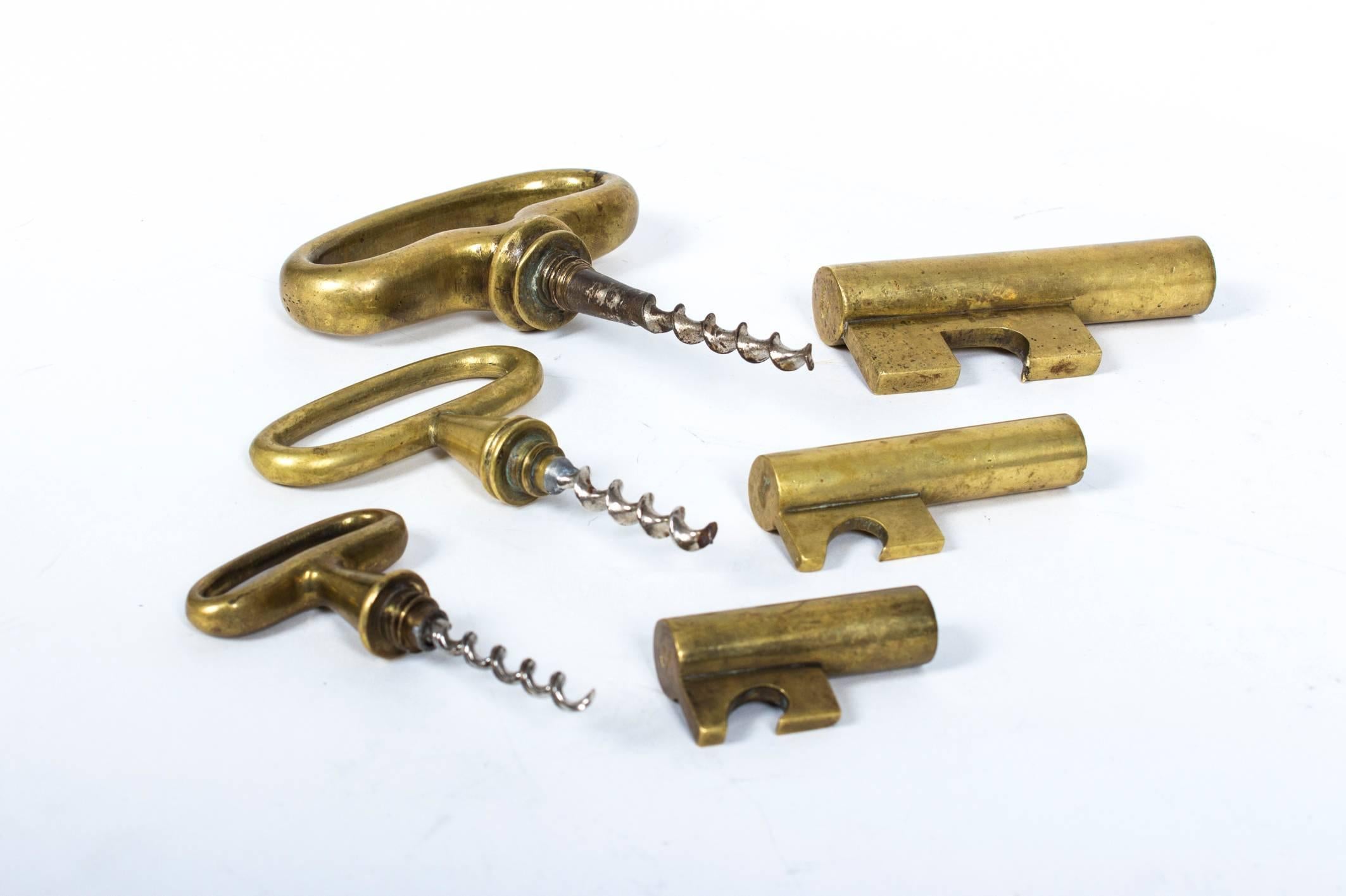 Mid-Century Modern Collectors Set of All 3 Heavy Brass Key Corkscrew Openers by Carl Auböck, Vienna For Sale
