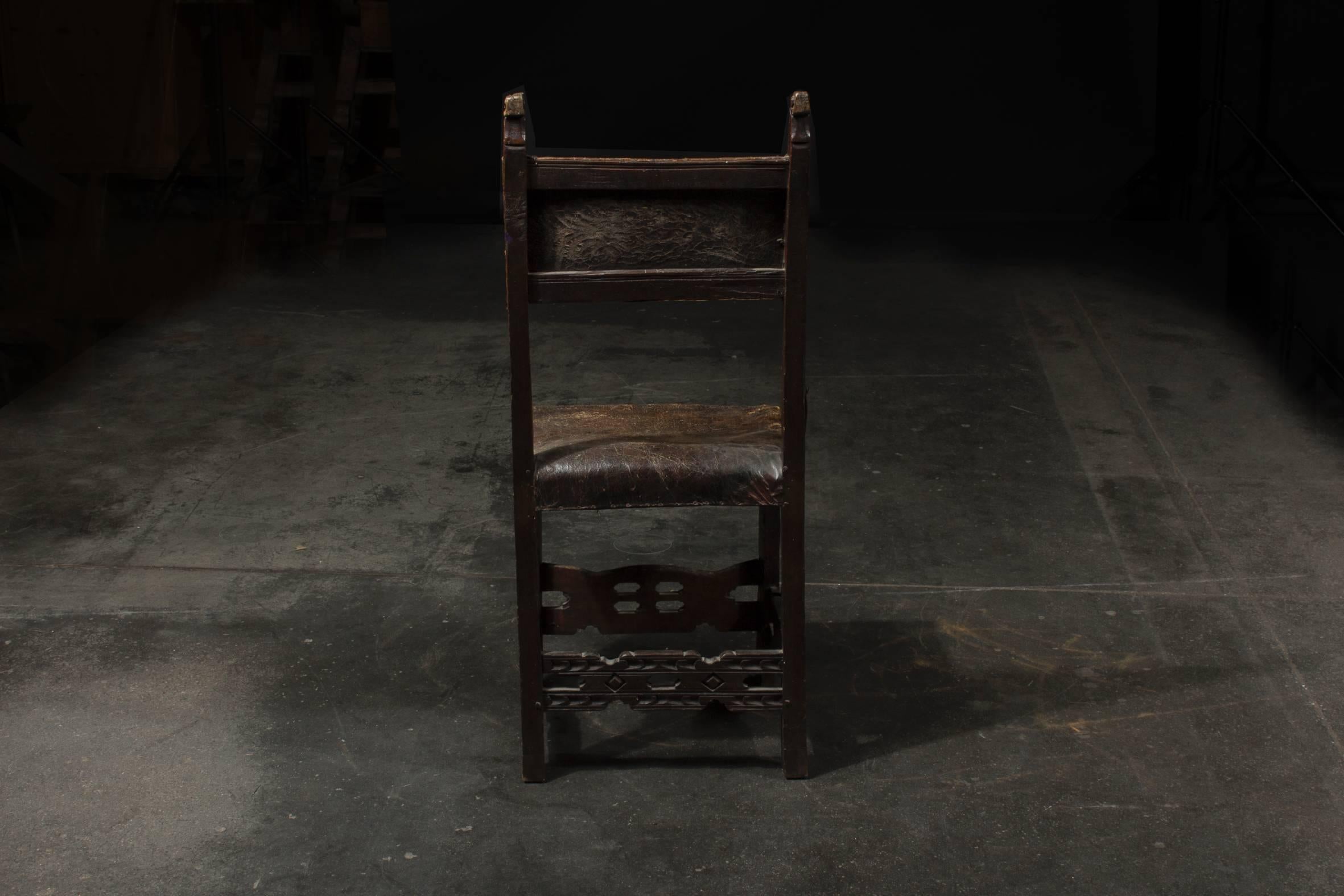 Leather 17th Century Carved Renaissance Chair in Untouched Condition