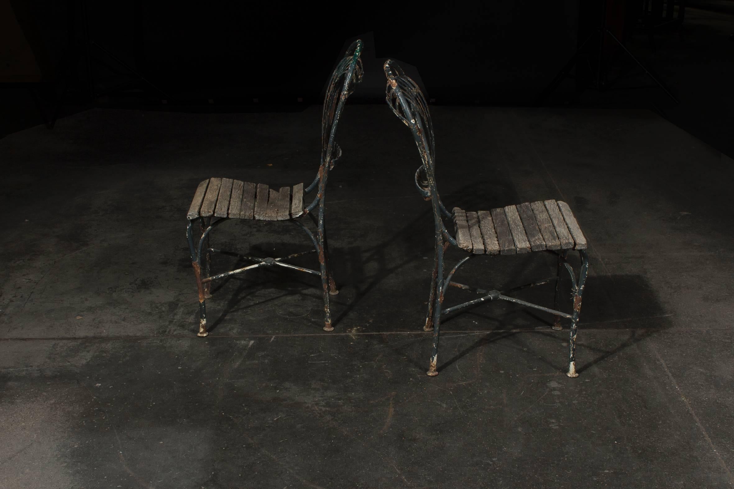 Mid-19th Century Two Iron and Wood Garden Chairs in Beautiful Aged Condition, circa 1860
