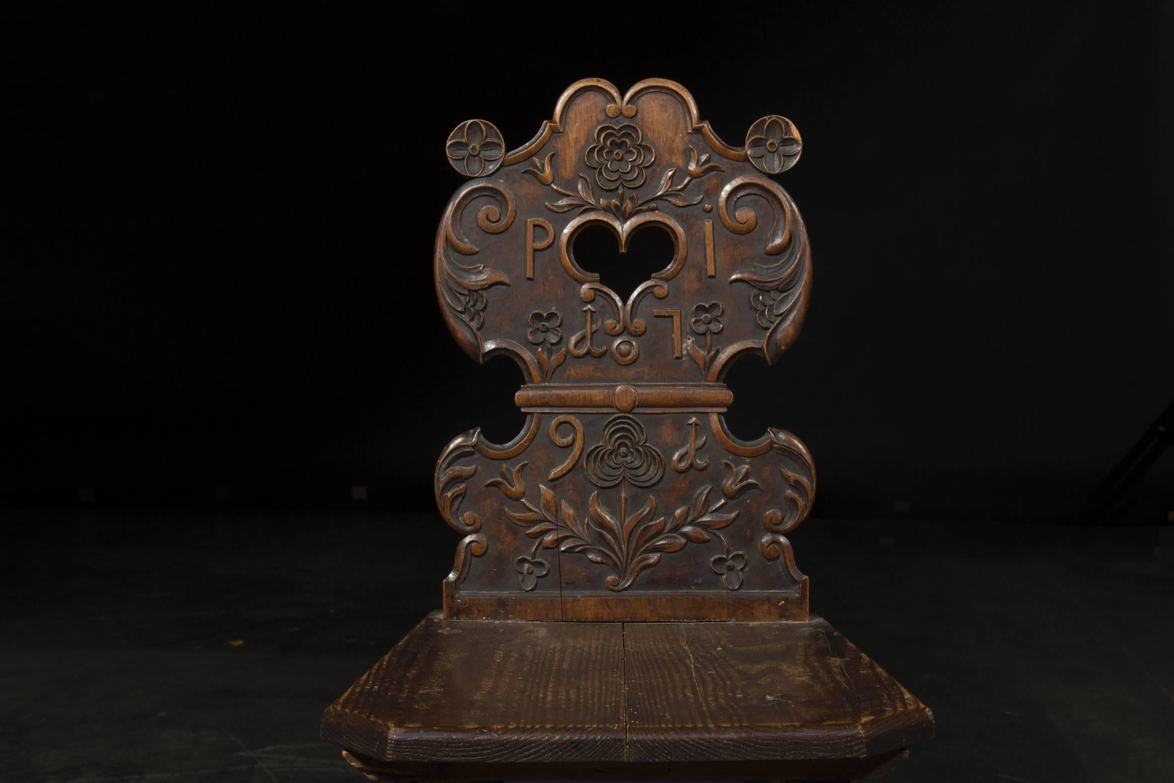 Austrian Late Baroque Carved Black Forest Wood Chair, Dated 1791