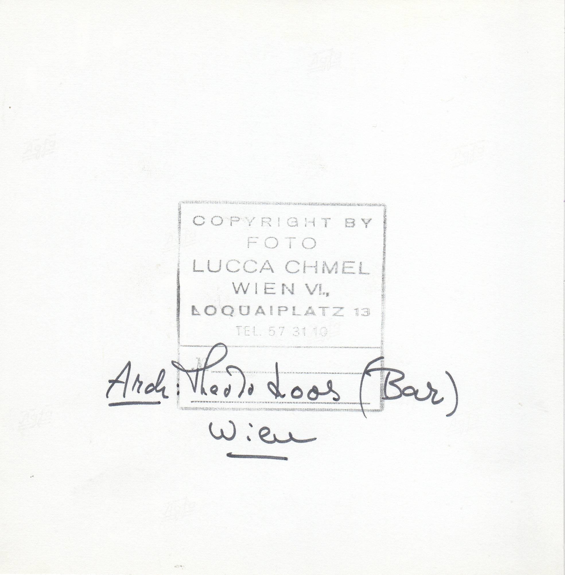 Lucca Chmel (1911-1999): American Bar by Adolf Loos (1907-1908) 
Vintage print, gelatine silver, photographer's copyright stamp on reverse and labelled in pen "Arch.: Theod. [sic] Loos (Bar) Wien." 
Vintage photograph from circa 1960.