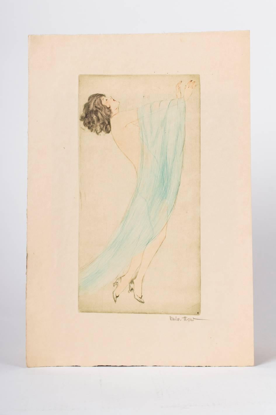 Vala Moro (1907), Vienna 
Art Deco dancing nude, 1924, from the portfolio “Tanz” 
Original colored etching, pencil-signed lower right, Vala Moro“
The picture shows a dancing female figure with high heels. 

Vala Moro (1907) was an