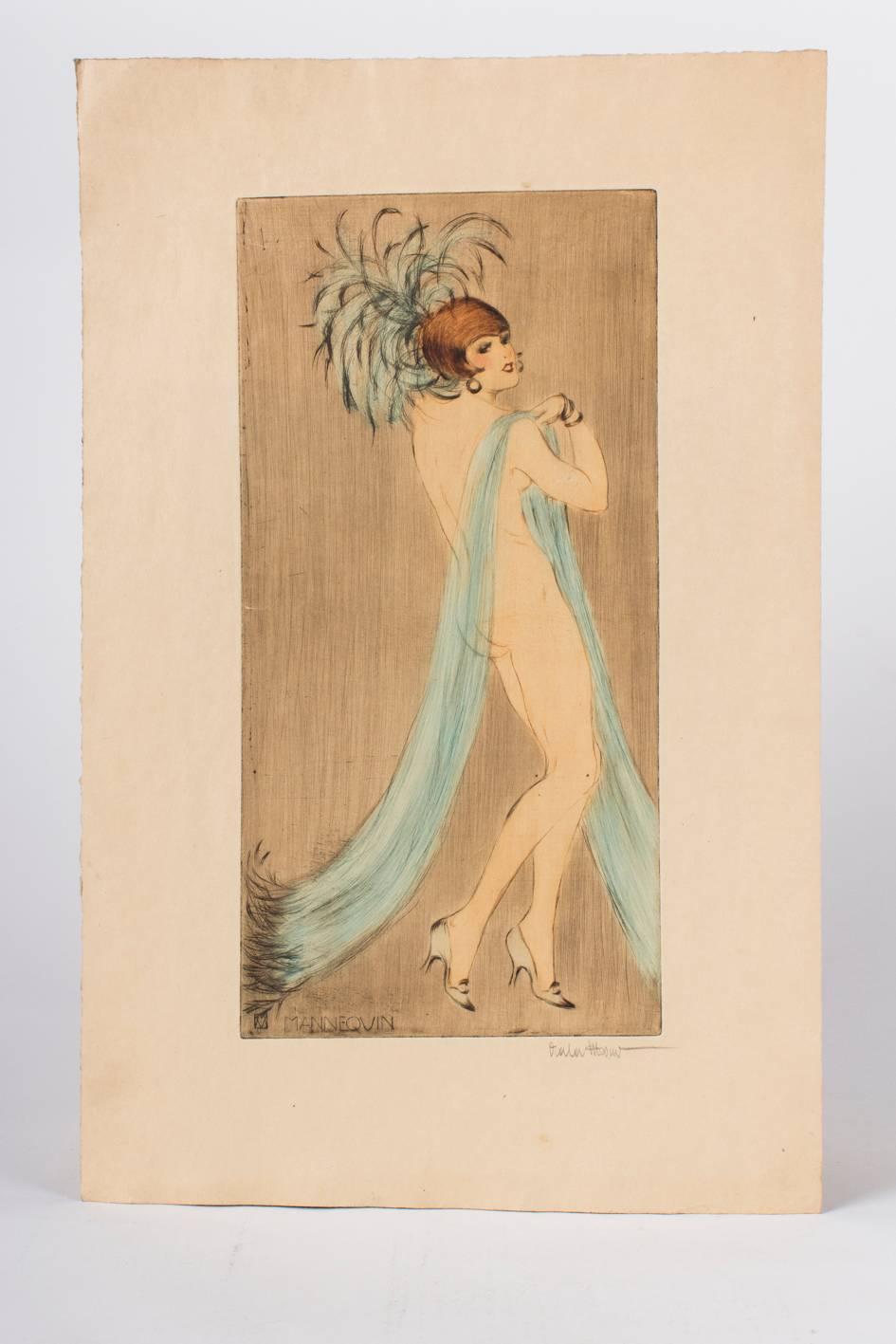 Vala Moro (1907), Vienna 
Art Deco dancing nude “Mannequin”, circa 1924 
Original colored etching, pencil-signed lower right and in etching “VALA MORO”, titled “MANNEQUIN”

Vala Moro (1907) was an Austrian-Hungarian dancer and artist. She lived