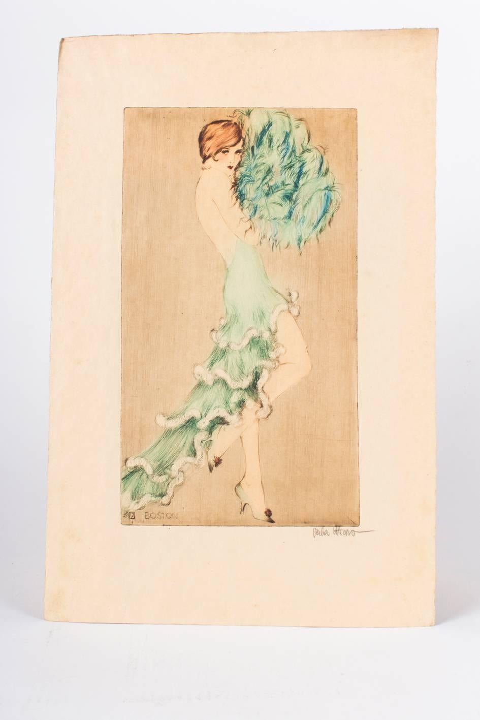Vala Moro (1907), Vienna 
Art Deco dancing nude “Boston”, circa 1924 
Original colored etching, pencil-signed lower right “Vala Moro” and monogrammed in etching, titled “BOSTON”

Vala Moro was an Austrian-Hungarian dancer and artist. She lived