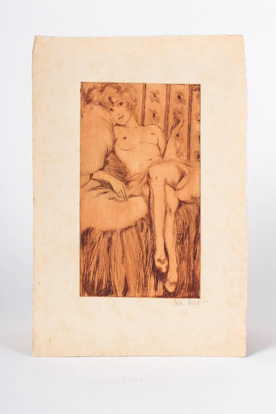 Austrian Vala Moro, Vienna Two Art Deco Nude Etchings, circa 1925 For Sale