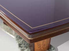 Table de salle à manger Art déco V. Dassi en noyer, marbre Verde Alpi et verre violet