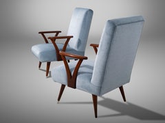 Pair of Italian MCM High-Back Armchairs with V-Shaped Wooden Arm Supports, 1950s