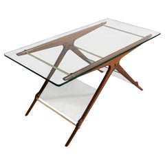 Ico Parisi Sculptural Wood, Original Glass and Brass Coffee Table, Italy, 1950s