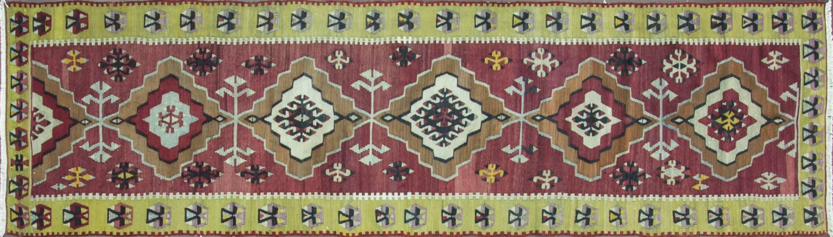 Beautiful soft color vegetable dyed wool Anatolian Kilim.
Like pile carpets, Kilim have been produced since ancient times.
Kilims are produced by tightly interweaving the warp and weft strands of the weave to produce a flat surface with no pile.
