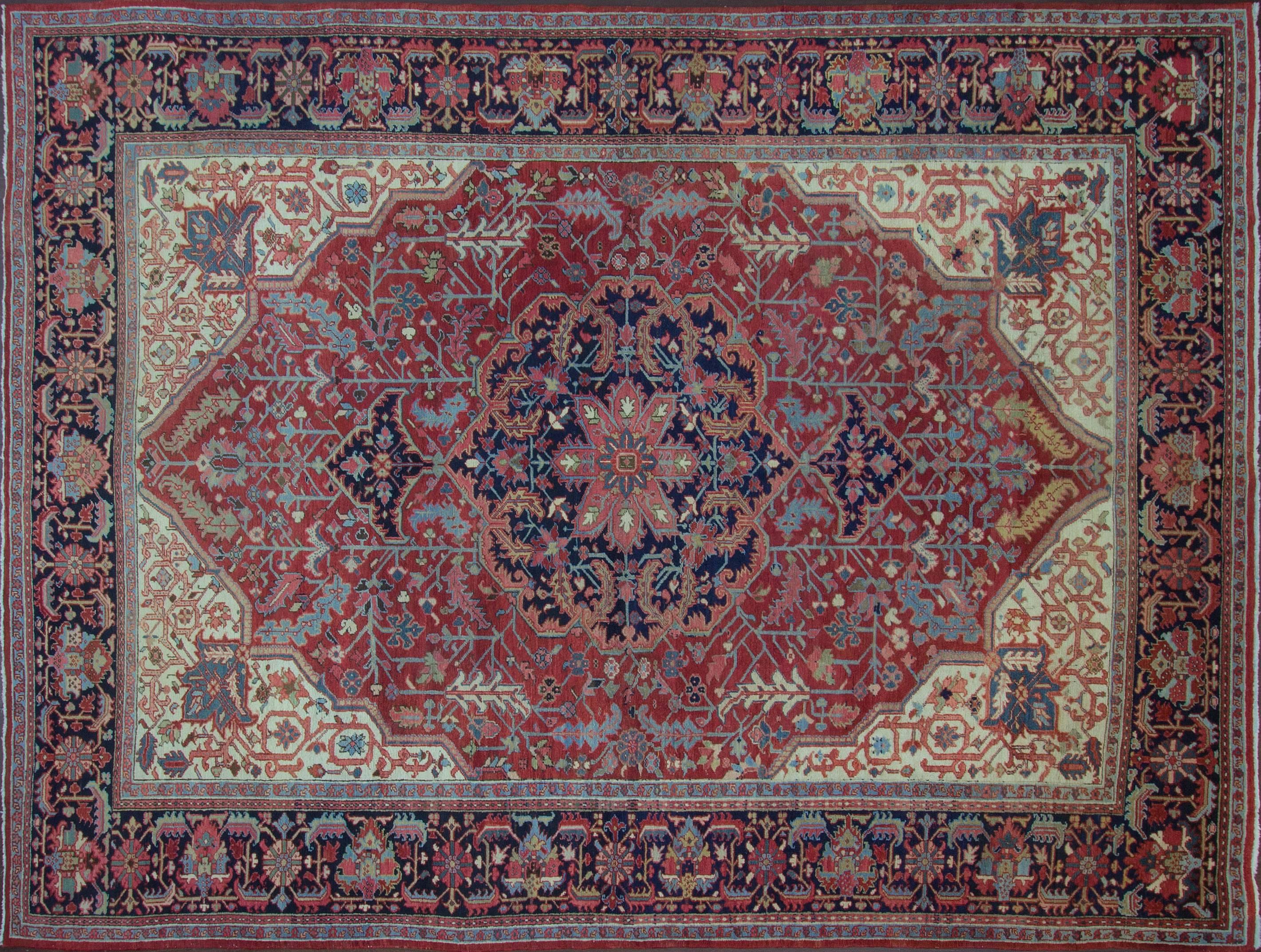 Natural wool dues, the multi-colors are amazingly beautiful, mostly like antique Serapi. Charming all-over design with central medallion. Heriz rugs are Persian rugs from the area of Heris, East Azerbaijan in Northwest Iran, Northeast of Tabriz.