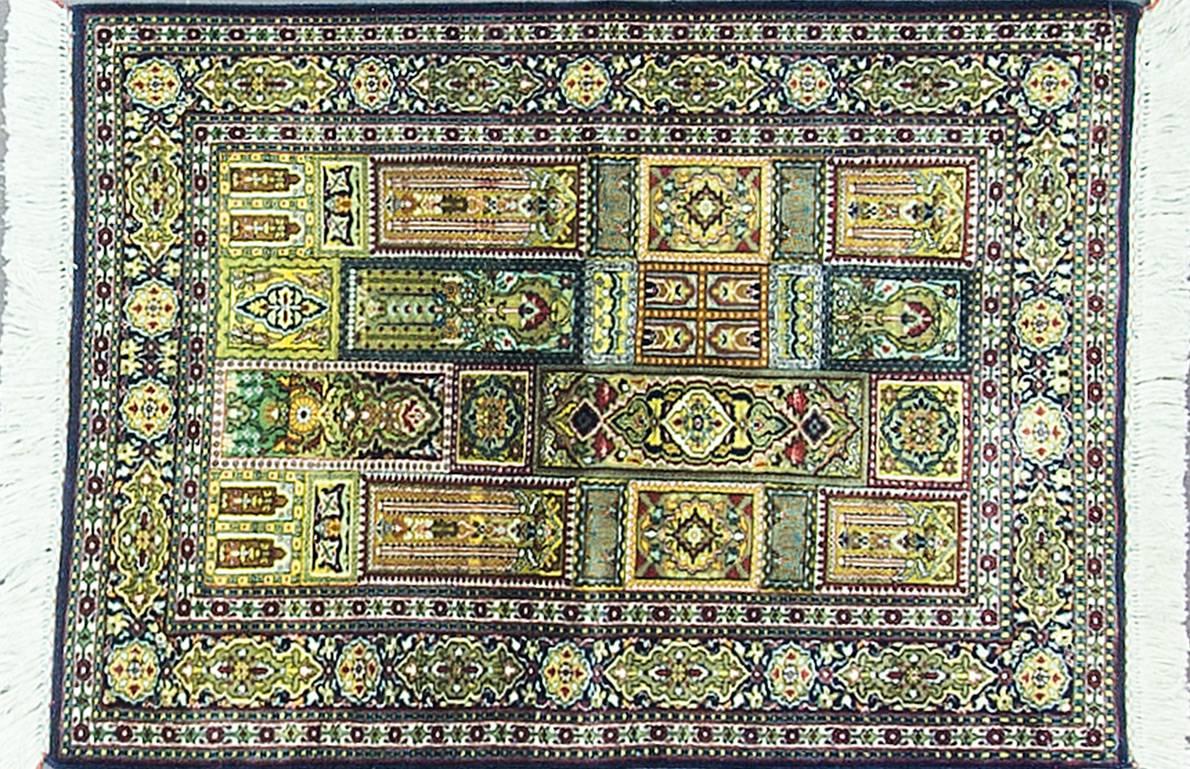 Possibly Hereke silk rug.
A superb example of fine carpet weaving from the famed looms of Hereke, a small town east of Istanbul, where royal workshops were established in the nineteenth century to produce Fine fabrics and carpets for the new