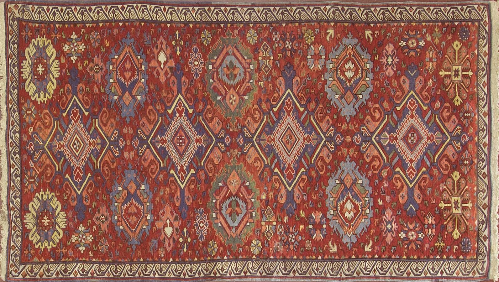 Soumak rugs or Sumak, construction technique is flat-weave. They are strong and exceptionally durable. Unlike kilims, Soumak rugs are not reversible because non-clipped yarns are left on the back. The wefts are used to produce decorative patterns.