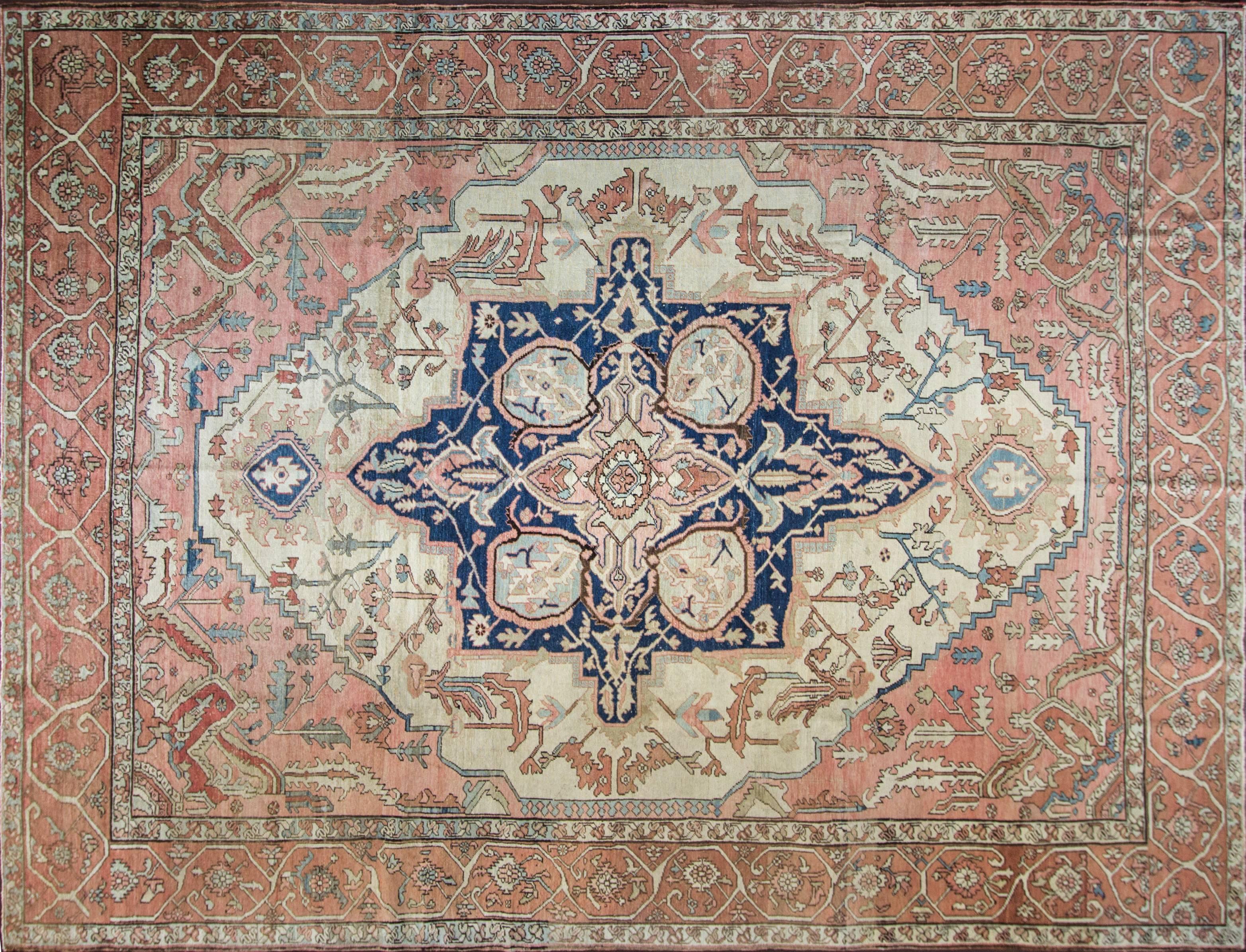 Fine 19th-century antique Serapi carpet of Persia. Woven in the rugged mountains of Northwest Persia, Serapi rugs are a distinct Heriz region style, with finer knotting and more large-scale spaciously placed antique carpet designs than other rugs