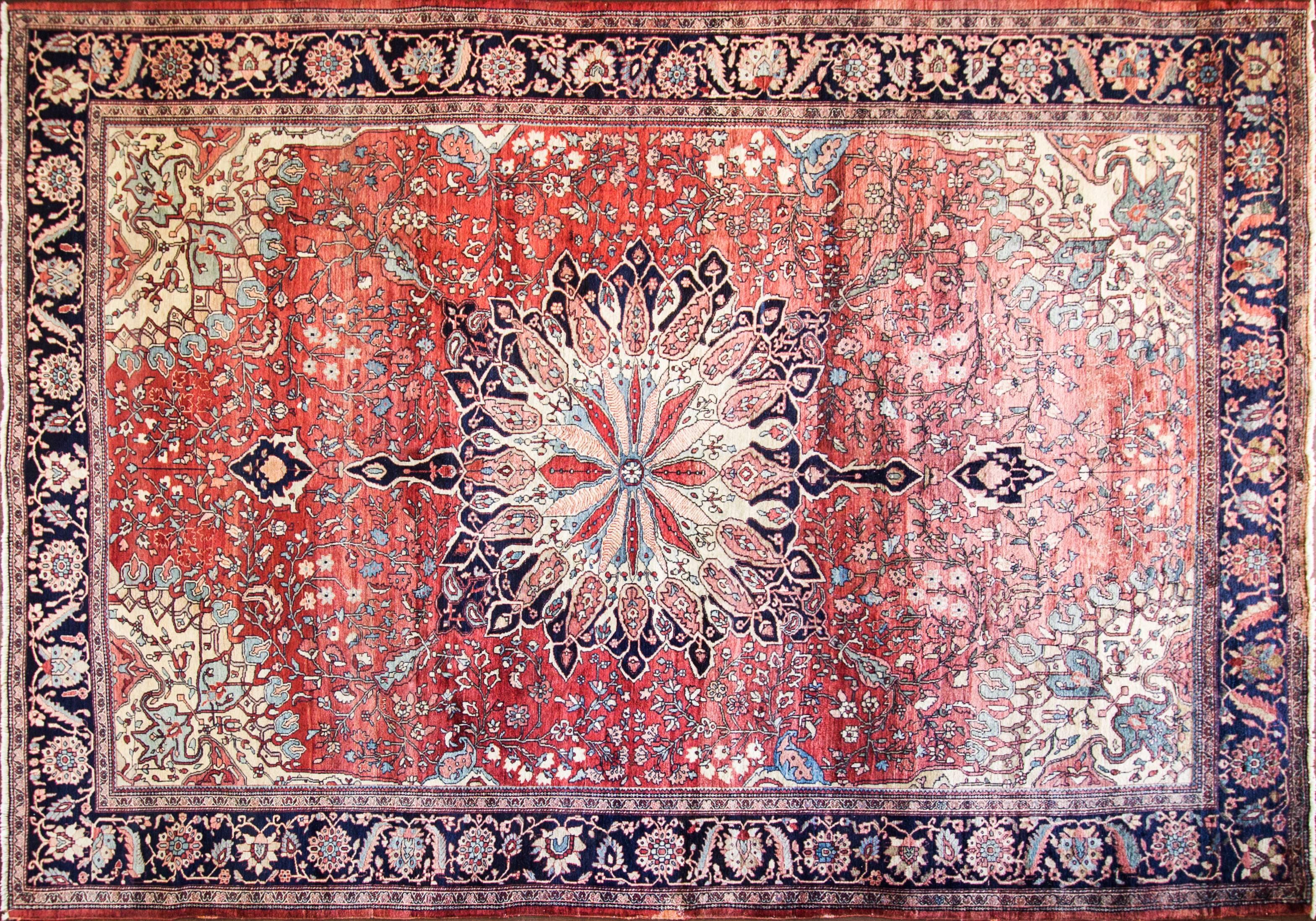 Feraghans were made between the 1870s and 1913 from a region north of the town of Arak, produced for the Persian aristocracy. They are single wefted, long and narrow or room-sized carpets, typically with an all-over Herati design or floral and