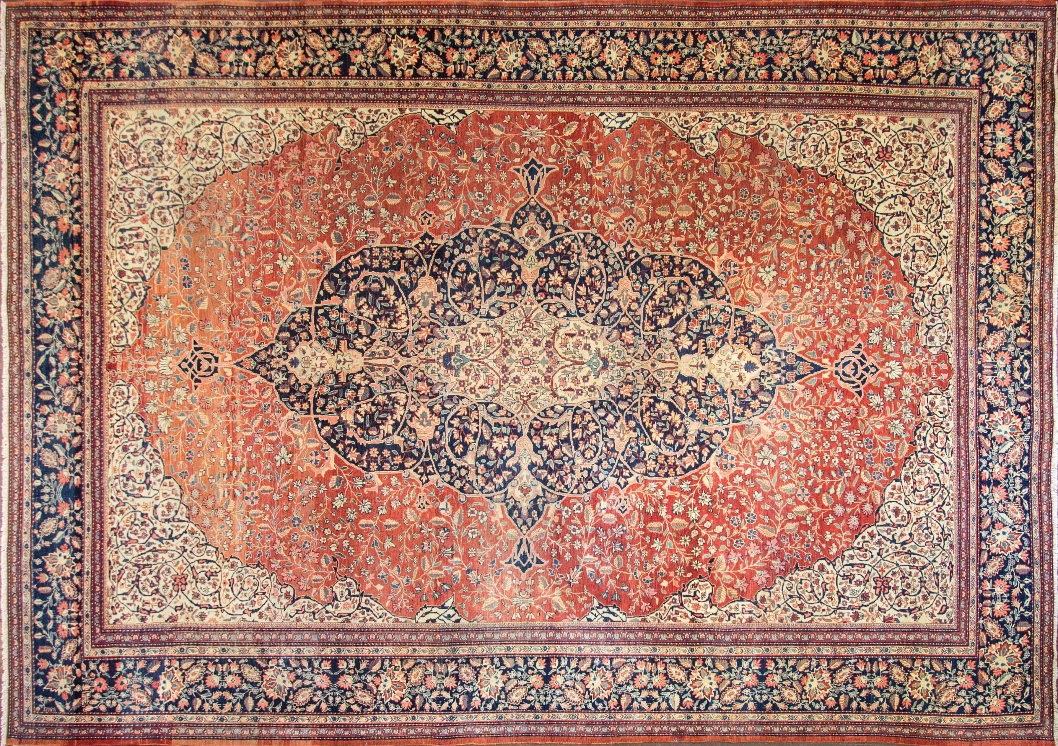 Feraghans were made between the 1870s and 1913 from a region north of the town of Arak, produced for the Persian aristocracy. They are single wefted, long and narrow or room-sized carpets, typically with an all-over Herati design or floral and