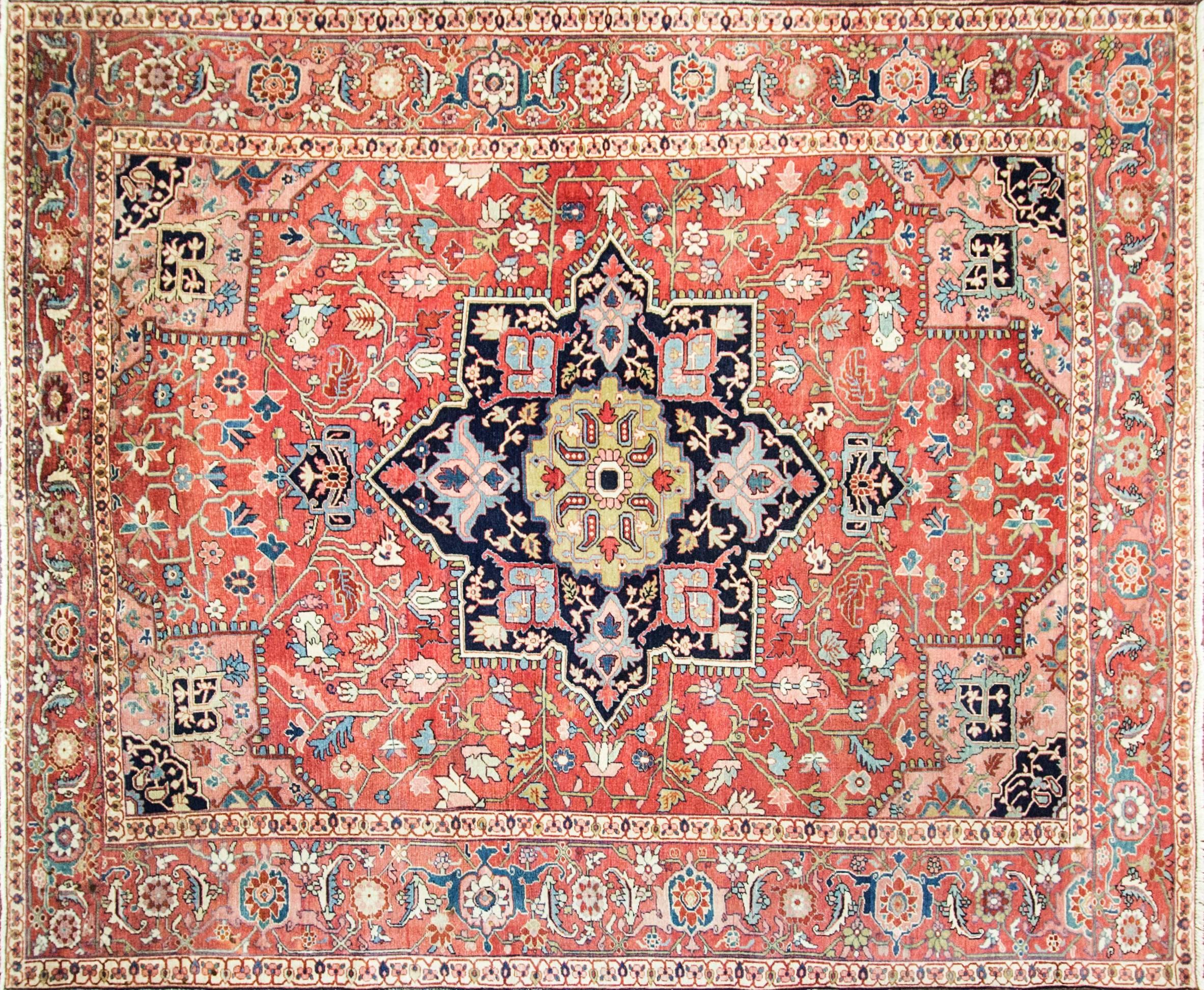 Fine 19th century antique Serapi carpet of Persia. Woven in the rugged mountains of Northwest Persia, Serapi rugs are a distinct Heriz region style, with finer knotting and more large-scale spaciously placed antique carpet designs than other rugs