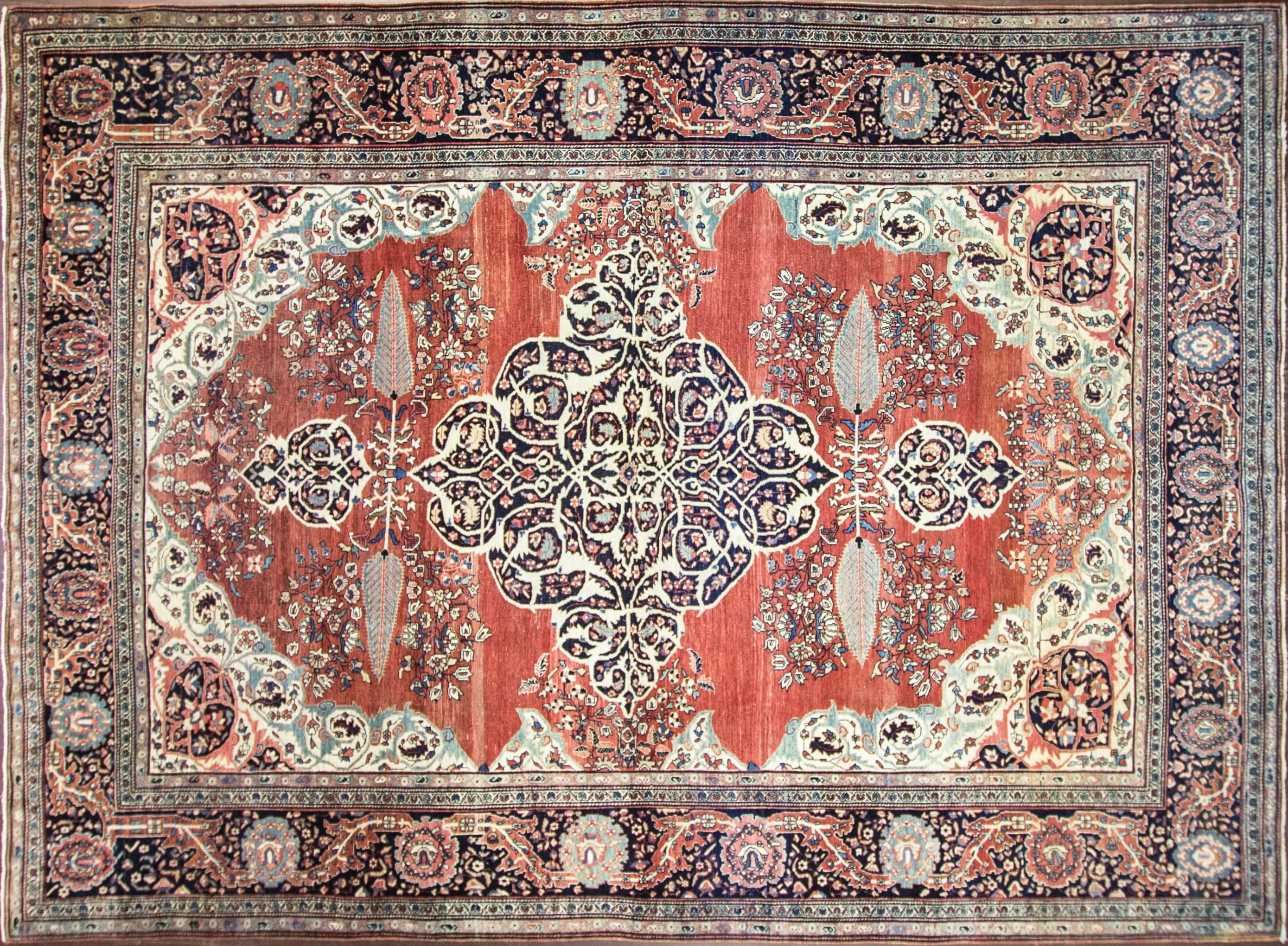 Feraghans were made between the 1870s and 1913 from a region north of the town of Arak, produced for the Persian aristocracy. They are single wefted, long and narrow or room-sized carpets, typically with an all-over herati design or floral and