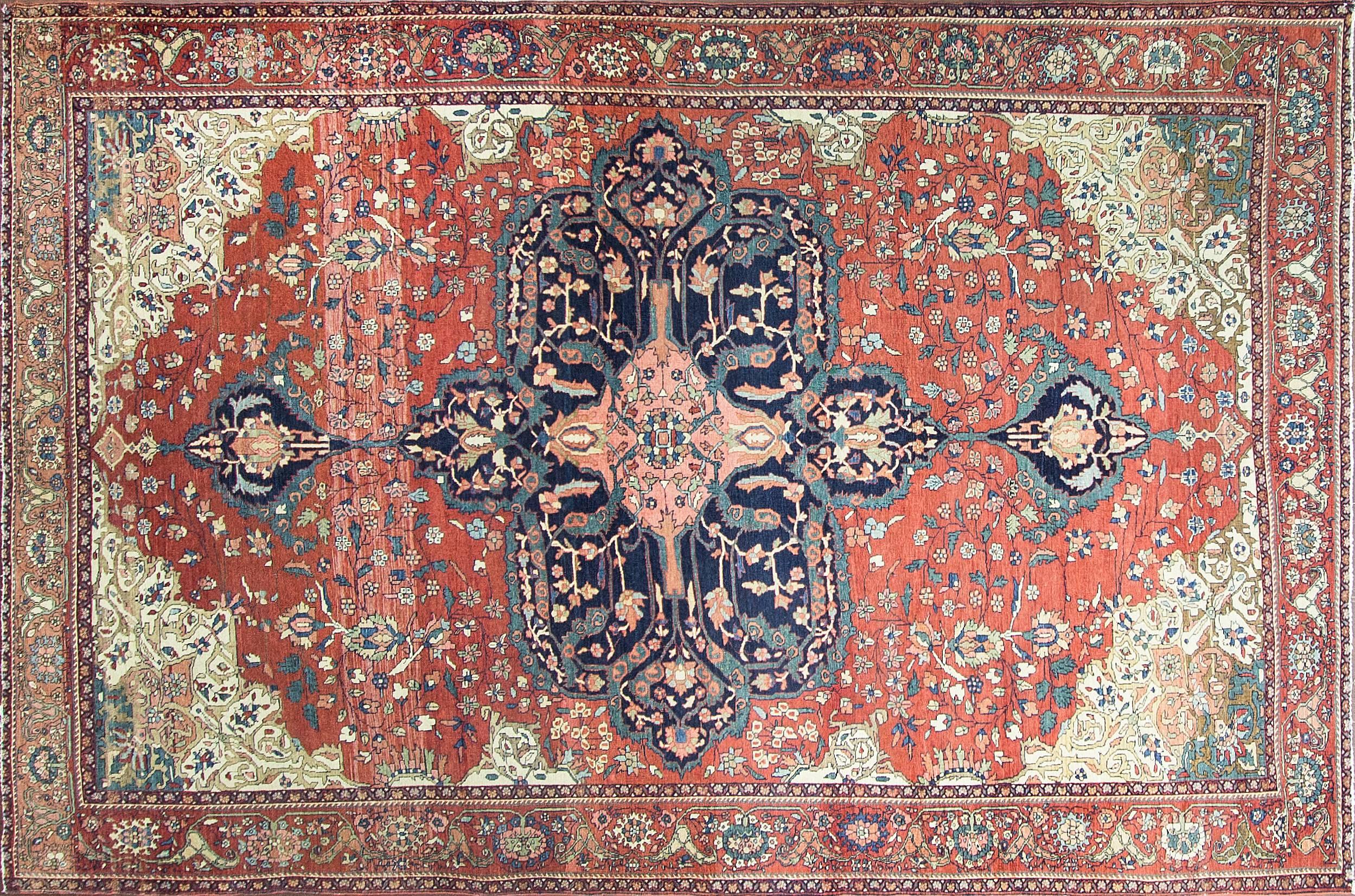 Feraghans were made between the 1870s-1913 from a region north of the town of Arak, produced for the Persian aristocracy. They are single wefted, long and narrow or room-sized carpets, typically with an all-over herati design or floral and curling