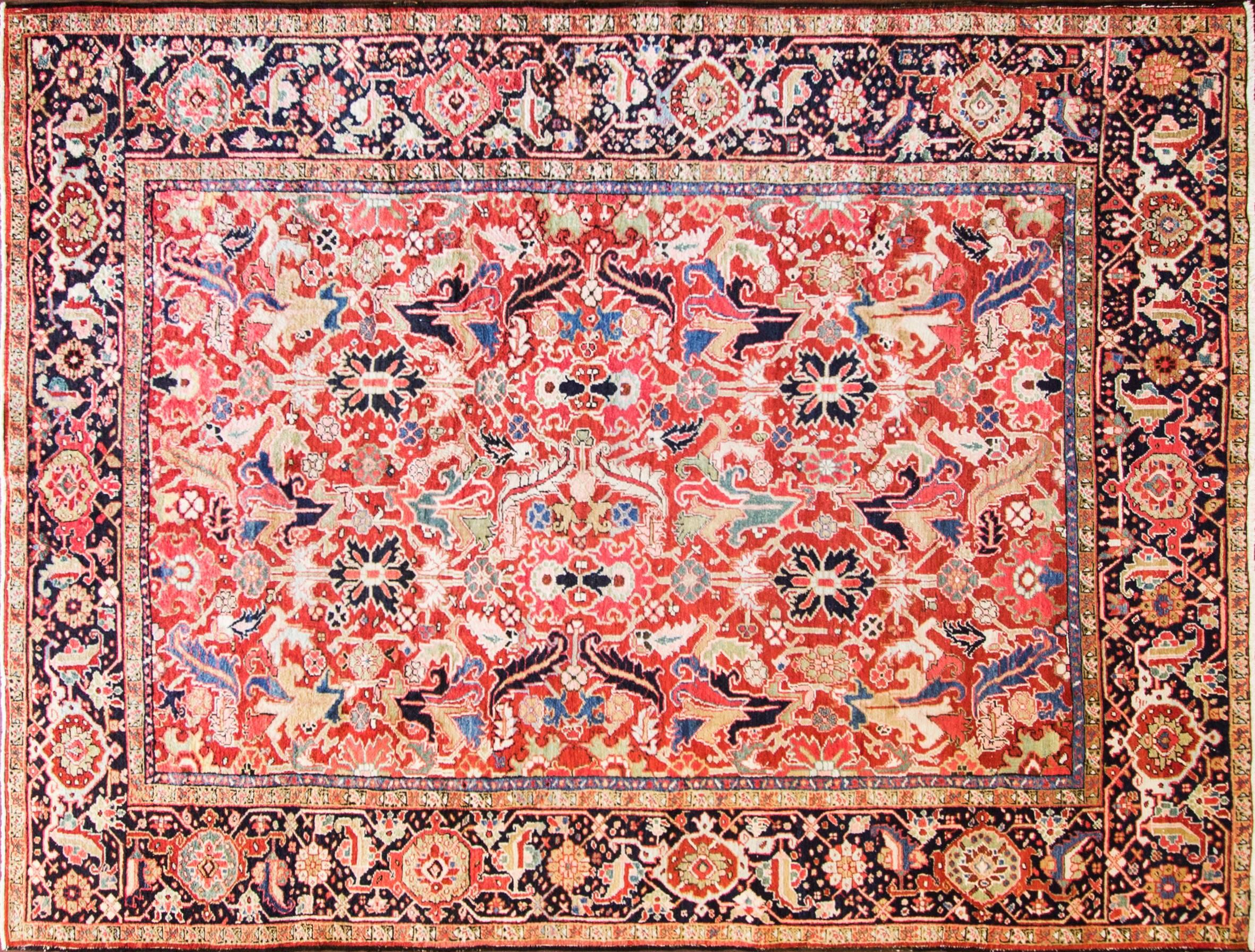 Gorgeous antique Persian Heriz carpet with all-over design and breathtaking red brick background color. Heriz rugs are Persian rugs from the area of Heris, East Azerbaijan in northwest Iran, northeast of Tabriz. Such rugs are produced in the village