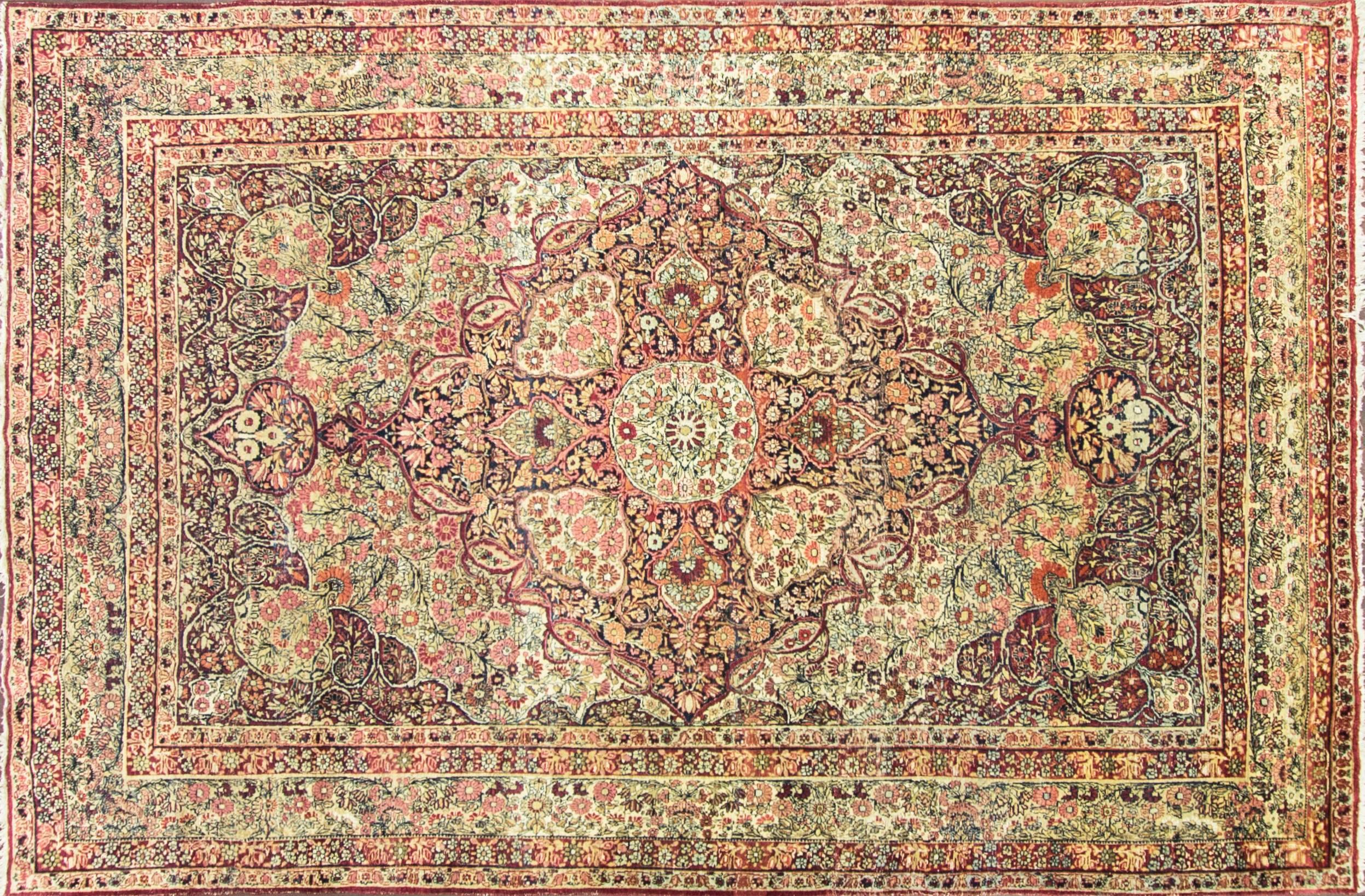Striking antique Kermanshah rug, circa 1880. The rug has a fine weave and pleasant colors. Kirman was a very important antique rug weaving center dating from the Golden Age of Persian culture under the Safavid Dynasty in the 16th century, on a par