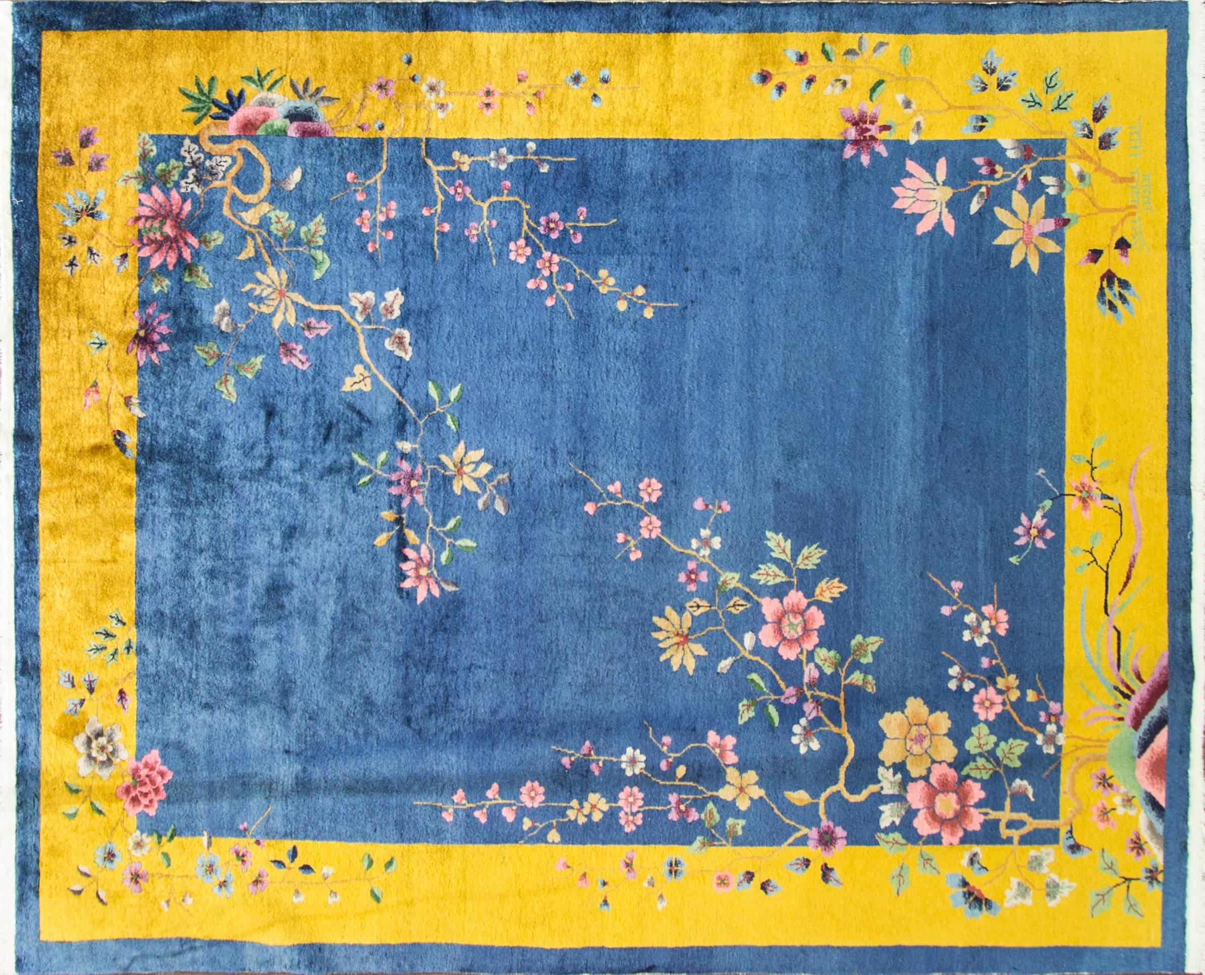 This wonderful Art Deco carpet was made in China, circa 1910s or 1920s. It has purchased from a nice home in New York. Walter Nichols was great American rug producer (the Art Deco rugs which he did not originate them) in Tientsin. The rugs made of