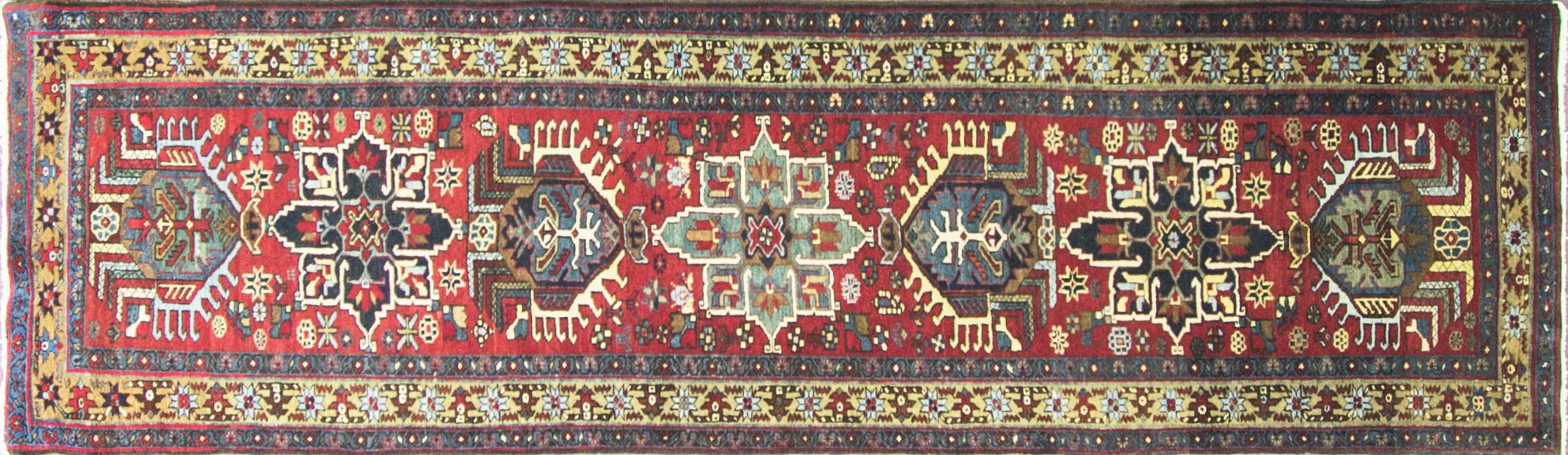 Beautiful combination of the tan color border and the red multi field colors with a spectacular design.
Heriz rugs are Persian rugs from the area of Heriz, East Azerbaijan in Northwest Iran, Northeast of Tabriz. Such rugs are produced in the village
