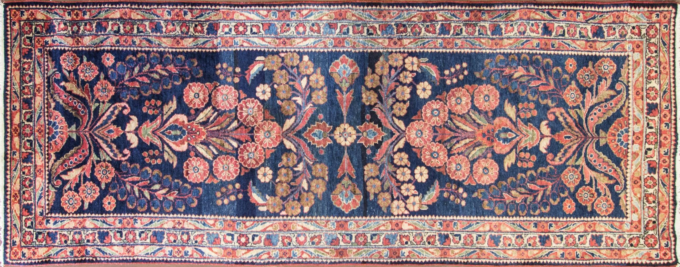 Amazing Sarouk runner, measures 4'2" x 11'.
This Persian Sarouk runner has unusual size and amazing design.
Sarouks also called Sarouks are double-wefted, heavier carpets with a higher knot count than rug from the village of Sultanabad.