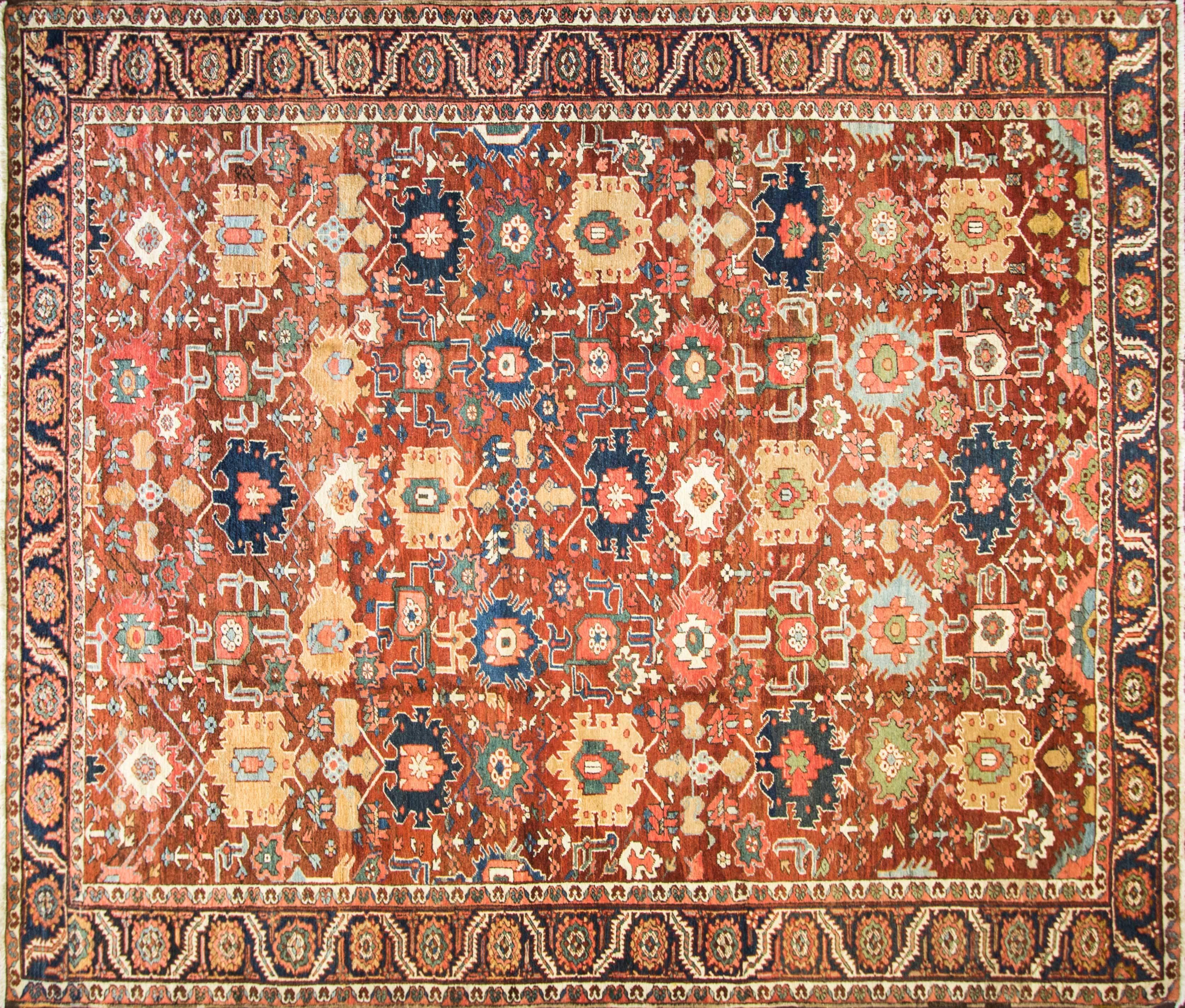 Unusual Serapi carpet with all-over design and large motives very decorative. Measures: 10.6” x 12”.
Woven in the rugged mountains of Northwest Persia, Serapi rugs are a distinct Heriz region style, with finer knotting and more large-scale