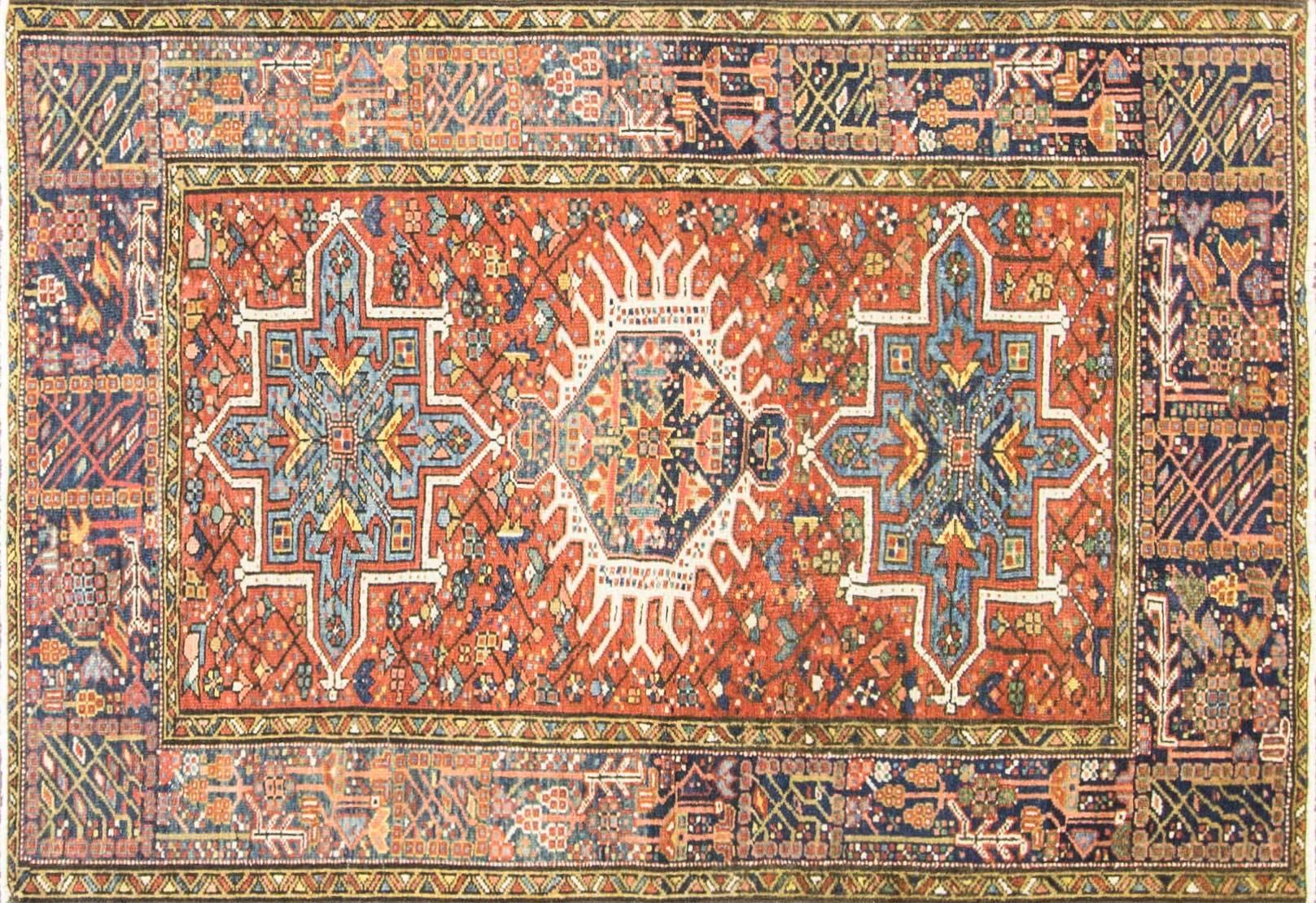 The dominating color in the older rugs is a dark shade of red. The secondary color is usually a variety of red tones tending towards orange. Green is almost always used as an accent. In keeping with the color tends in western countries, the newer