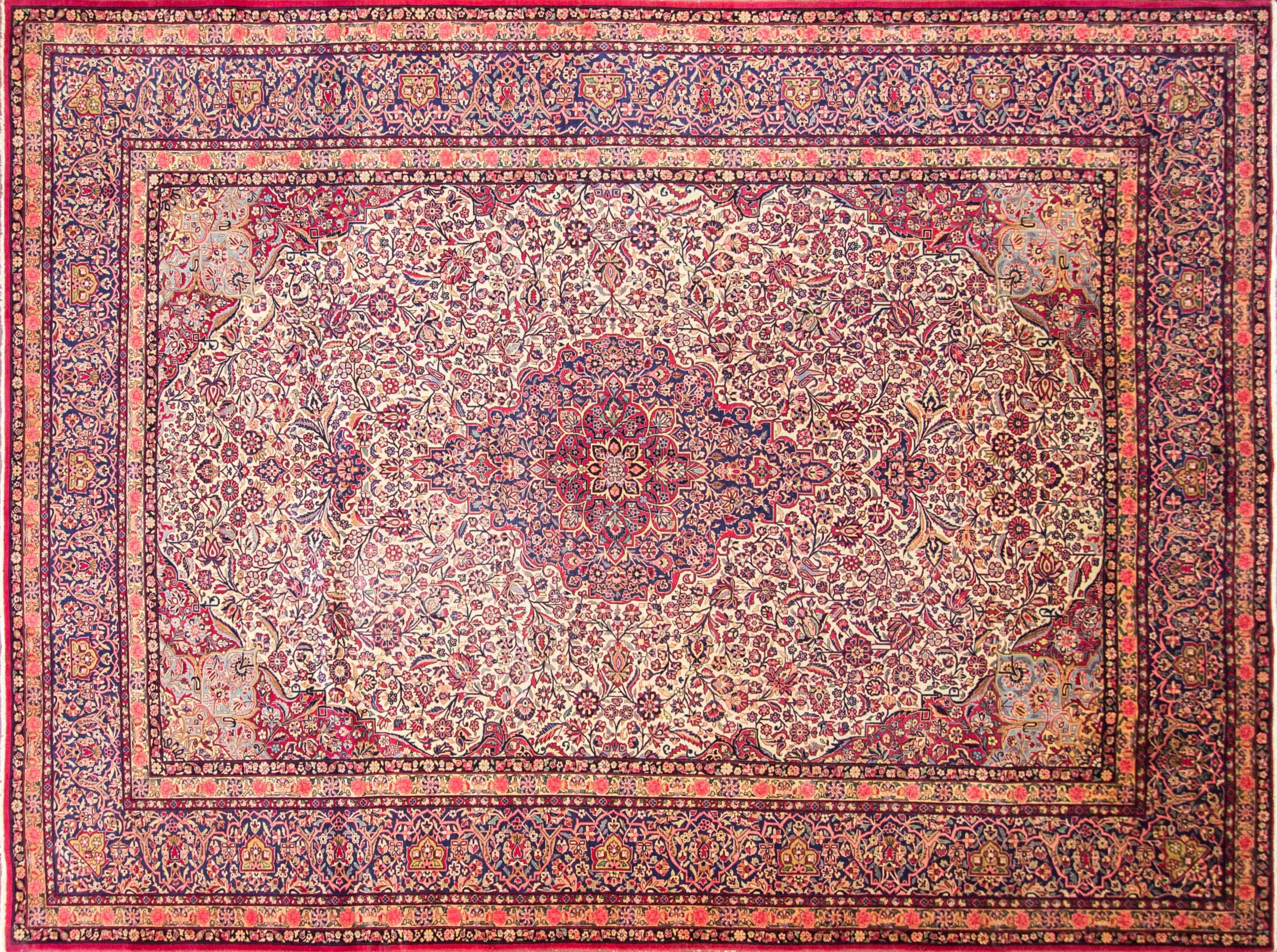 Very fine Persian Dabir Kashan in perfect condition, circa 1920. Unusual purple red background color. High density knotting woven from kork wool, creating an intricate design. From the mid-19th to the early 20th century the finest quality rugs from