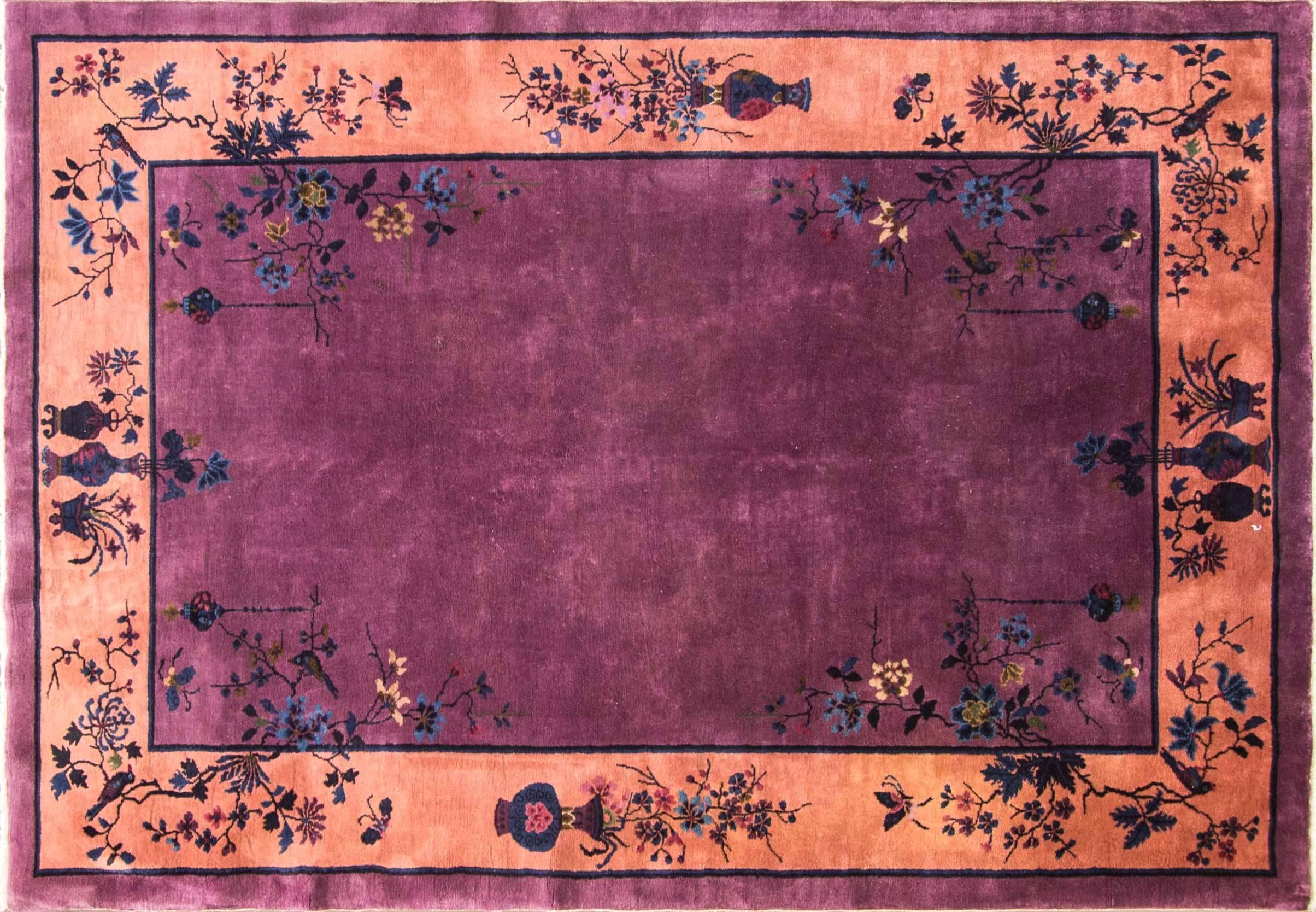 This wonderful Art Deco carpet was made in China, circa 1910s or 1920s. Walter Nichols was great American rug producer (the Art Deco rugs which he did not originate them) in Tientsin. The rugs made of wool and silk with bold vibrant colors and the