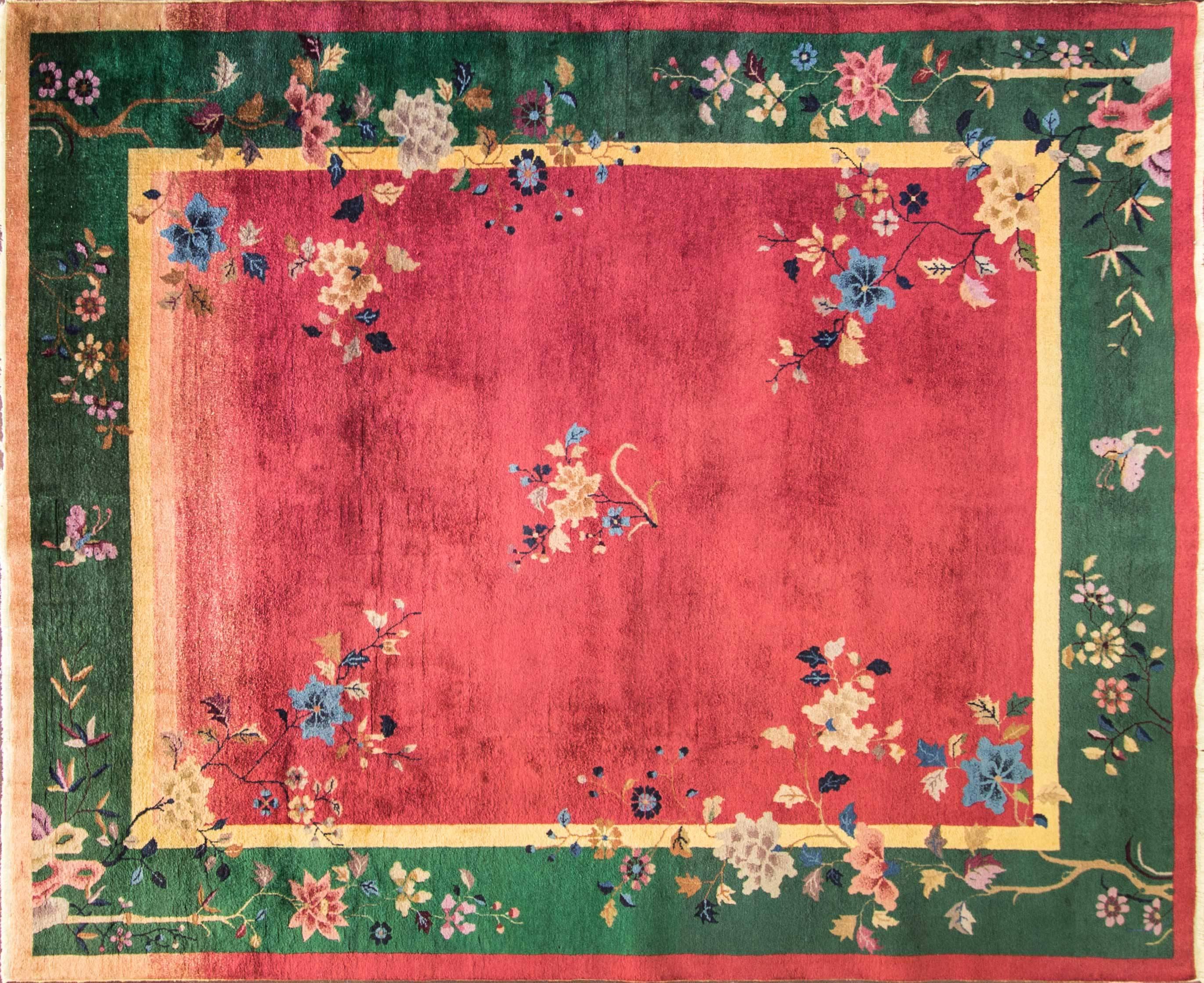 
This wonderful Art Deco carpet was made in China, circa 1910s or 1920s. Walter Nichols was great American rug producer (the Art Deco rugs which he did not originate them) in Tientsin. The rugs made of wool and silk with bold vibrant colors and the