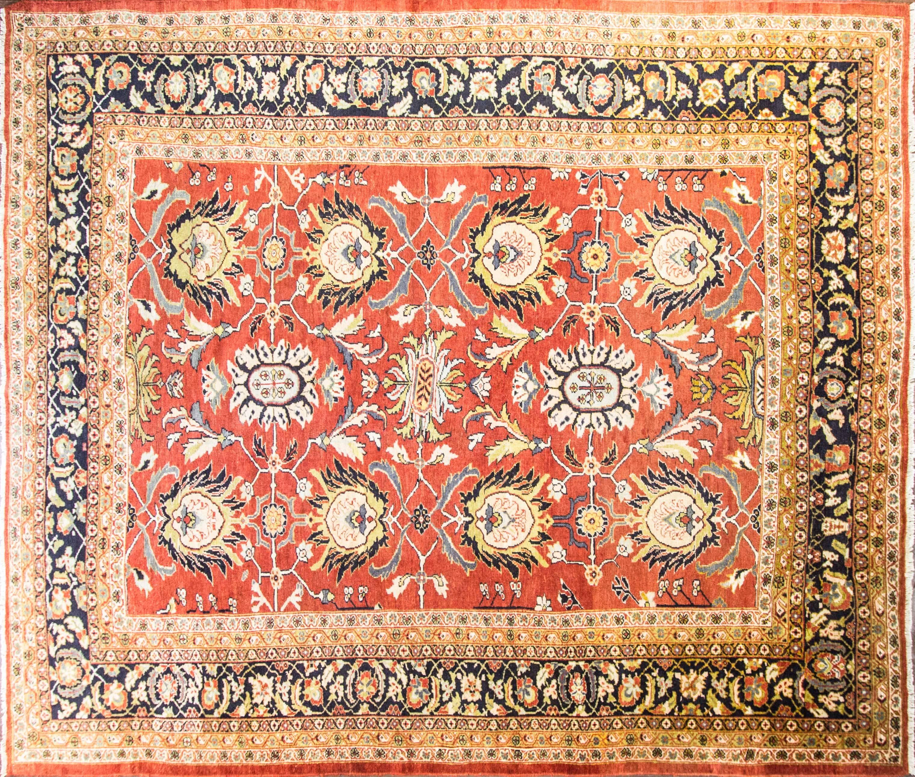 Stunning antique Sultanabad carpet:
 The city of Sultanabad was founded, in the early 1800s, as a center for commercial rug production in Iran. During the late 19th century, the firm of Hotz and Son and Ziegler and Co. established a manufactory in