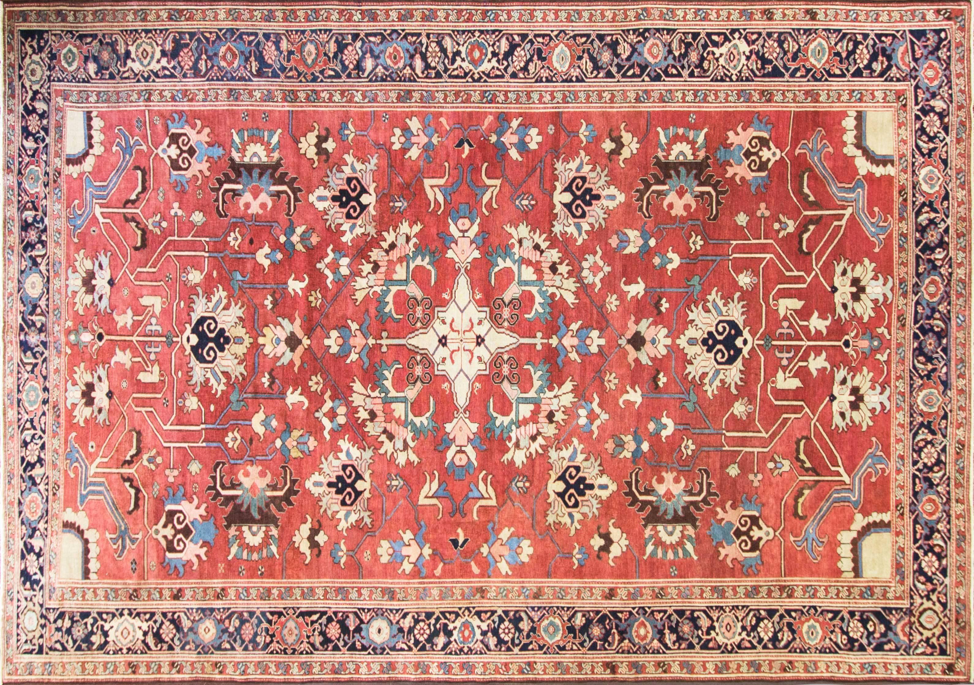 A Bakshaish, Serapi, Master piece.
Very unusual all-over geometric and floral design made in northwest Persia. The carpet portrait a central medallion with four birds in the centre and one fourth of the same medallion is in each corner of the