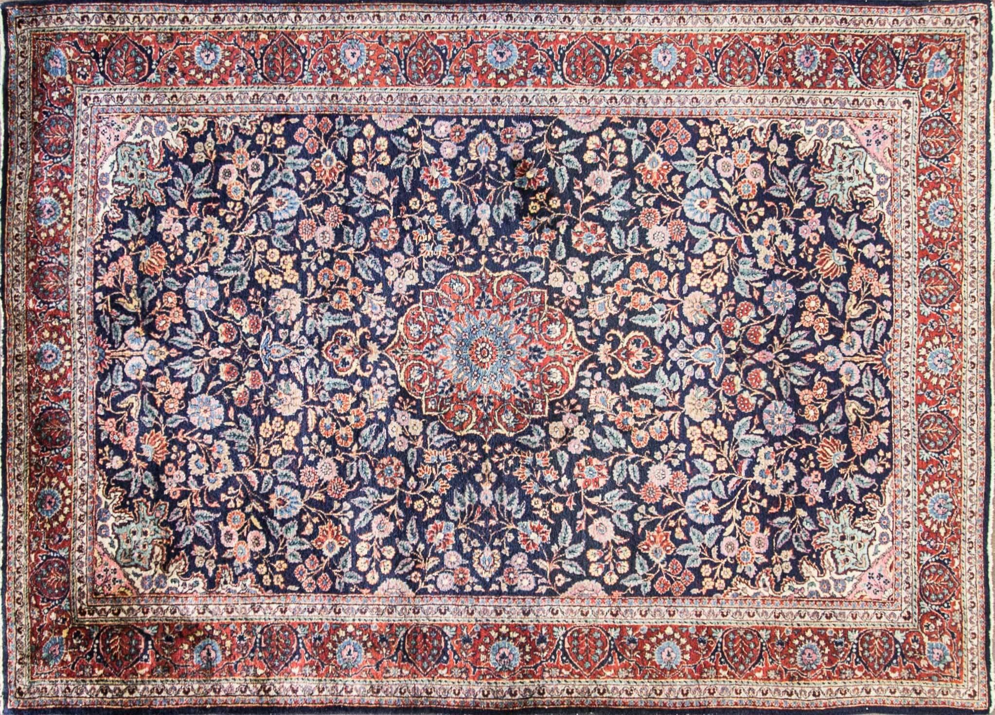 Great condition and quality Persian Kashan carpet, c-1930.
Amazing size and beautiful blue background with all over floral design in multi colors.
A Kashan rug made in Persia in the city of Kashan in Isfahan Province North Central Iran. There was