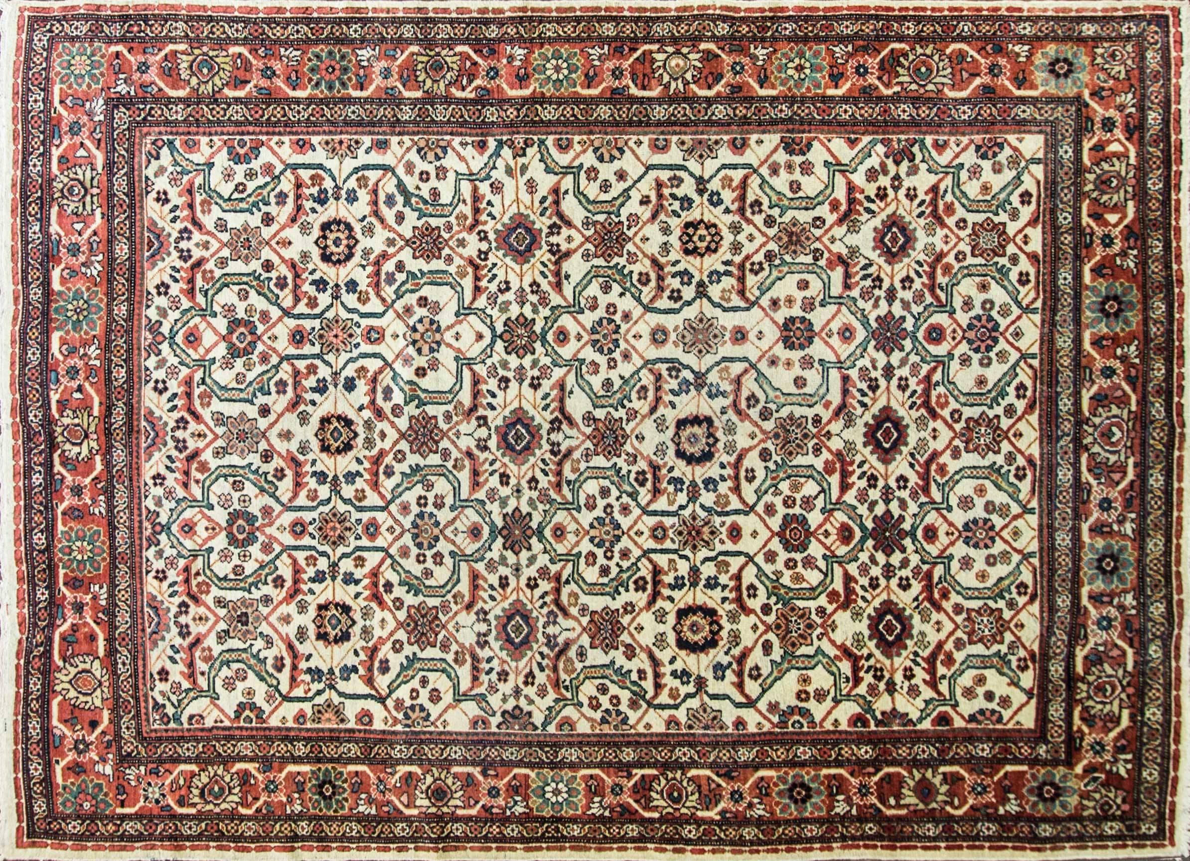 
Stunning Persian carpet with Ivory background color combined with wonderful green red and brown with exciting all-over design of flowers and geometric pattern.
Woven with very fine vegetable dyed wool. A good quality and excellent condition need