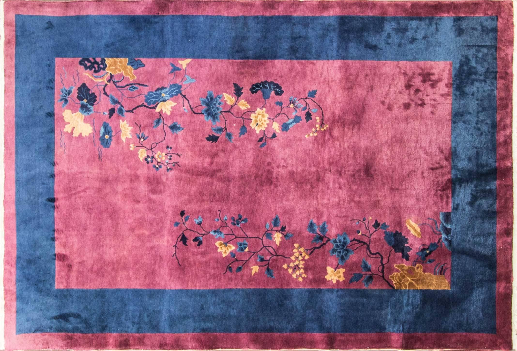 This wonderful Art Deco carpet was made in China, circa 1920s.
Walter Nichols was great American rug producer (the Art Deco rugs which he did not originate them) in Tientsin. The rugs made of wool and silk with bold vibrant colors and the pattern