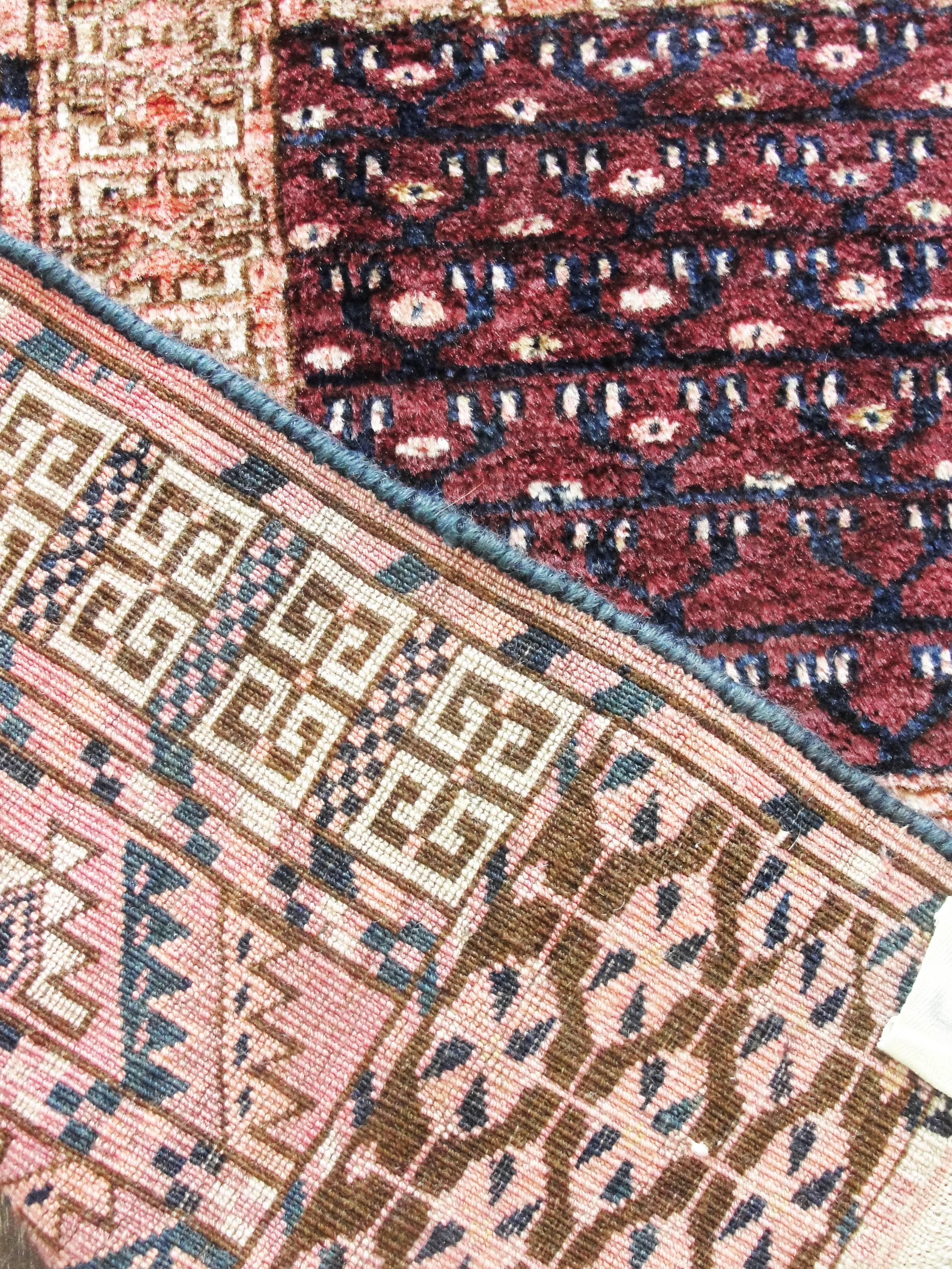 Almost all Turkmen rugs were produced by nomadic tribes almost entirely with locally obtained materials, wool from the herds and vegetable dyes, or other natural dyes from the land. They used geometrical designs that varied from tribe to tribe; most