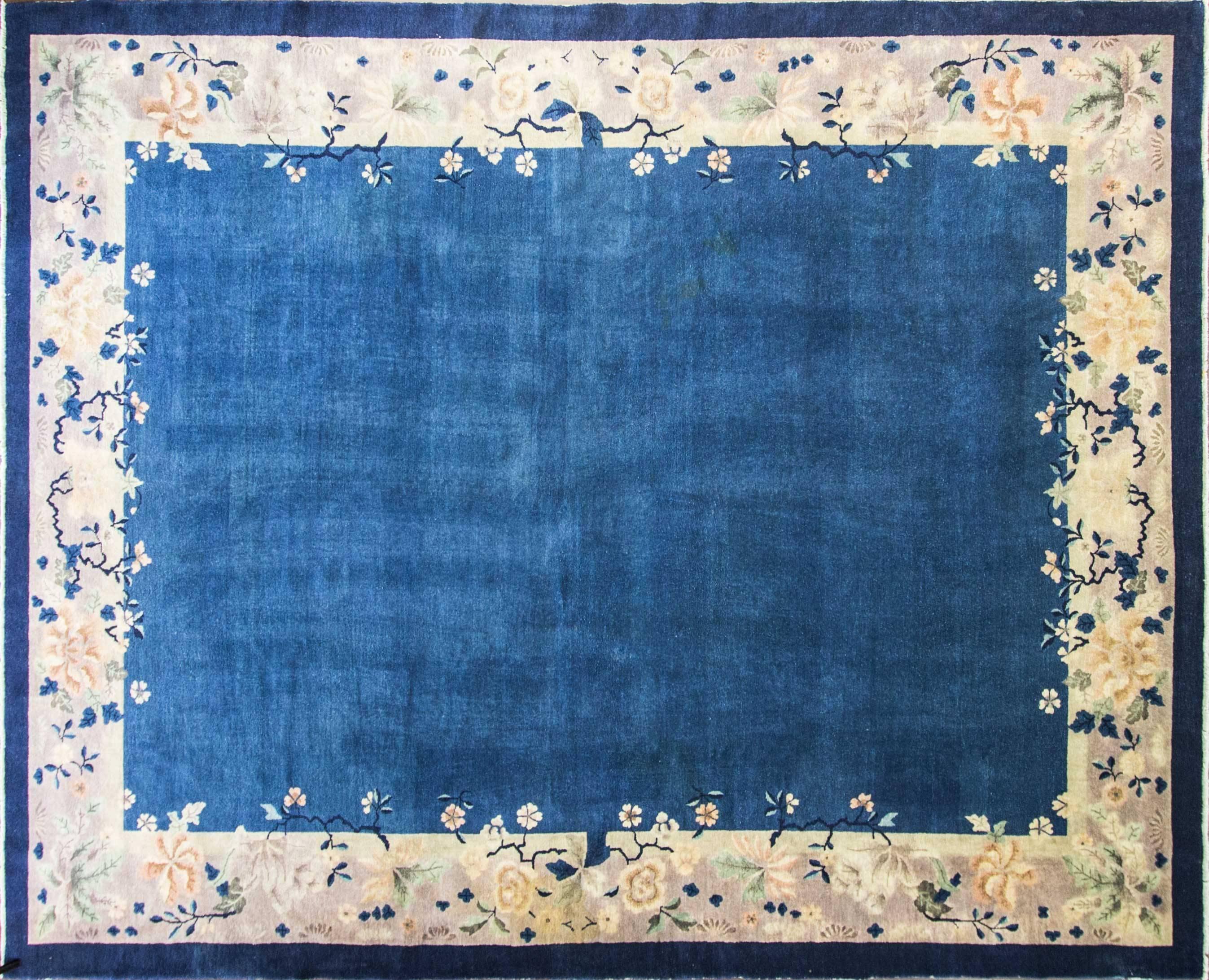 This wonderful Art Deco carpet was made in China, circa 1910s or 1920s. Walter Nichols was great American rug producer (the Art Deco rugs which he did not originate them) in Tientsin. The rugs made of wool and silk with bold vibrant colors and the