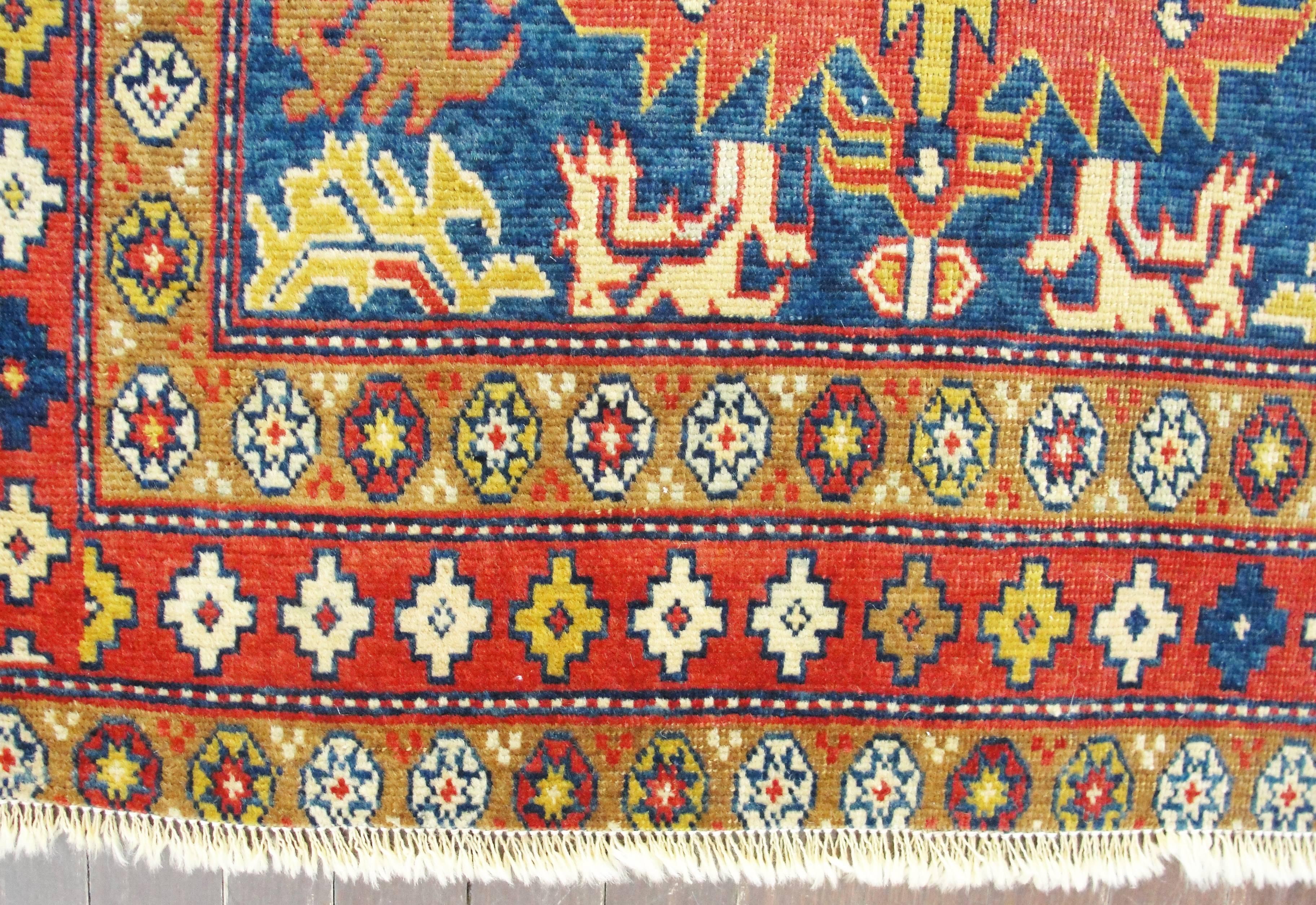 Hand-Knotted Unusual Caucasian Rug