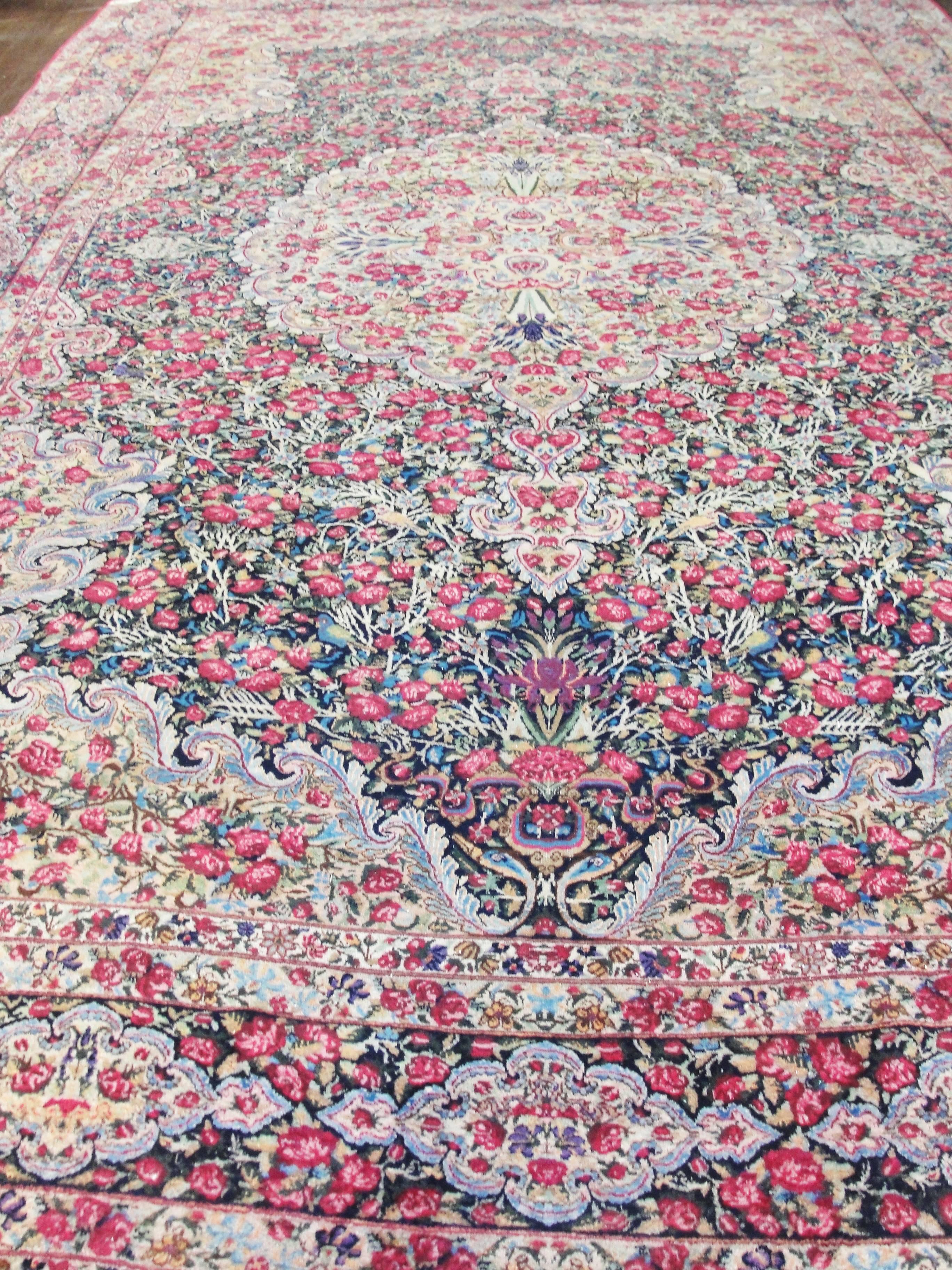 Wool Antique Persian Kerman laver Carpet, circa 1920s, 8'8