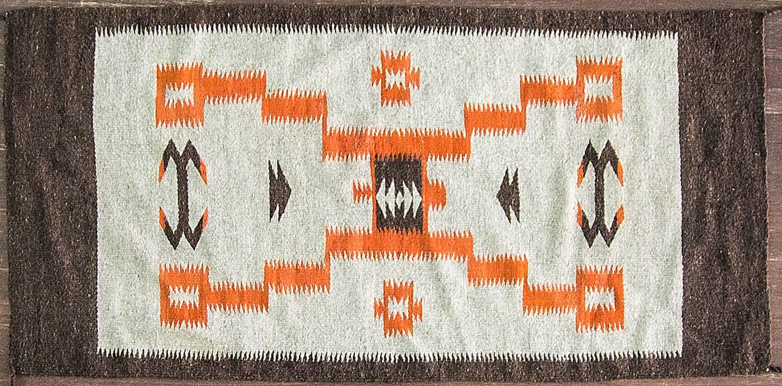 Storm pattern Navajo Rug, c-1930 in excellent condition.
The Storm Pattern is not built around a central diamond, but is a very recognizable geometric composition with a strong, often rectangular central element connected by diagonal stepped lines